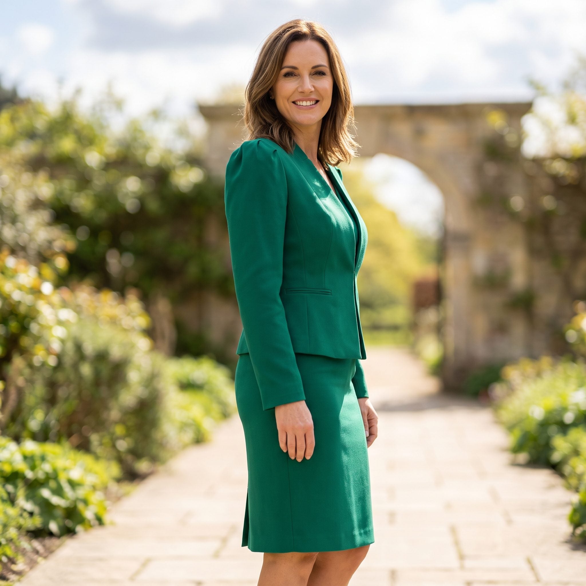 Emerald-green tailored evening skirt suit with an ivory silk camisole