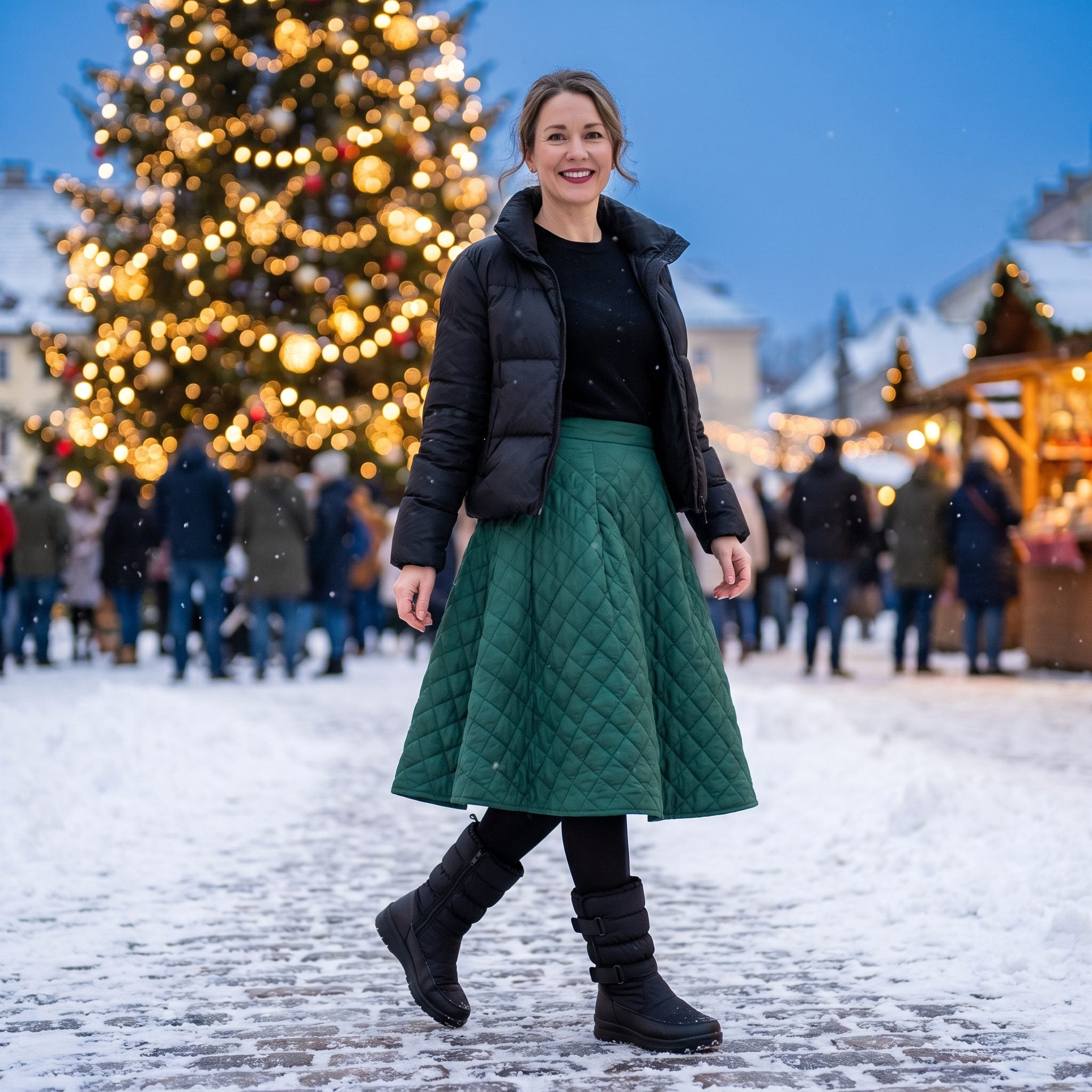 Emerald quilted midi skirt with black winter boots