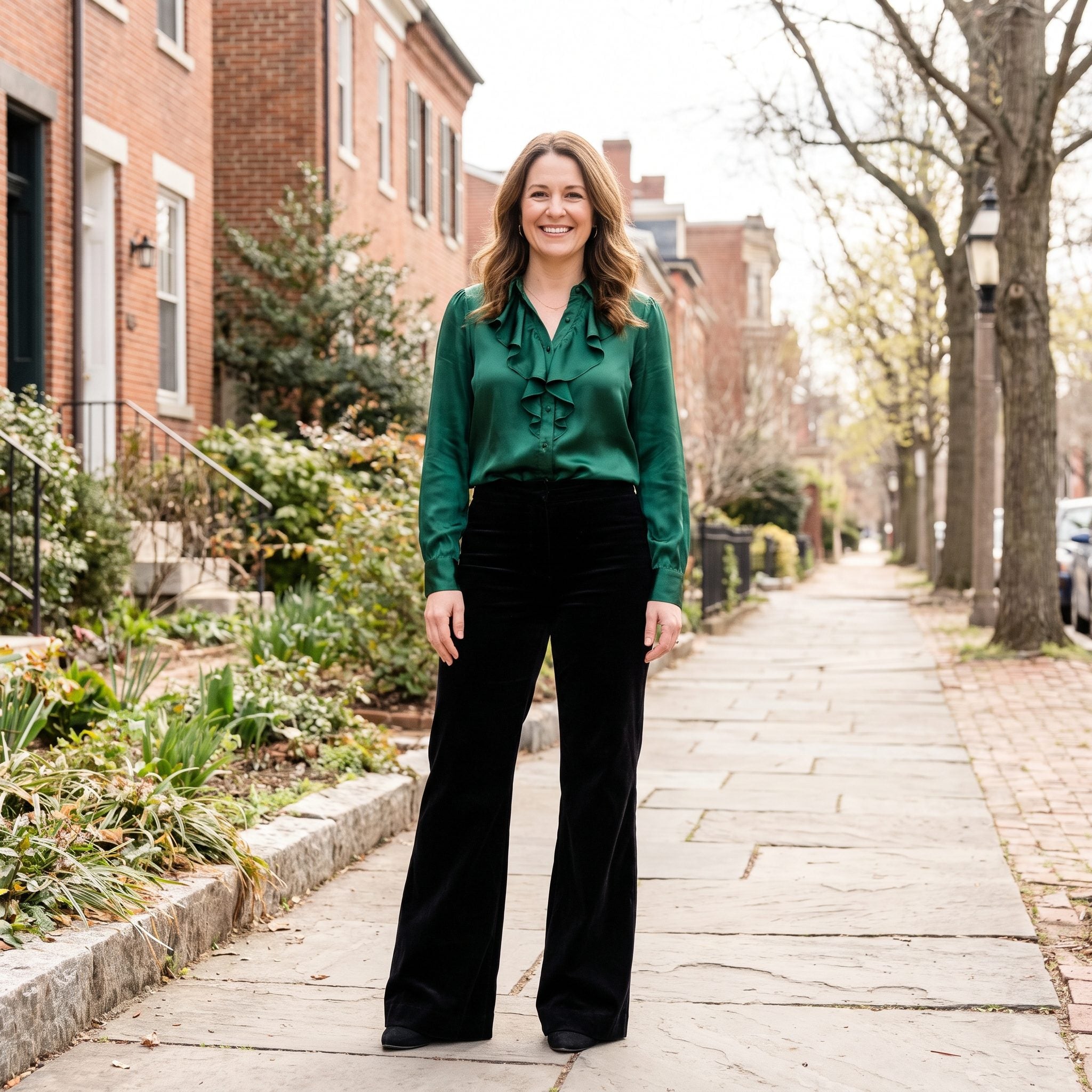 Emerald silk blouse with a narrow front ruffle and black velvet flared trousers