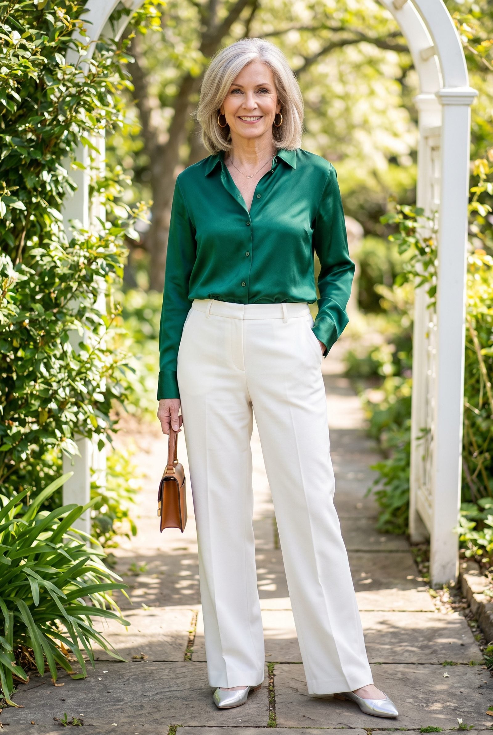Emerald Satin Shirt With Tailored Winter-White Pants