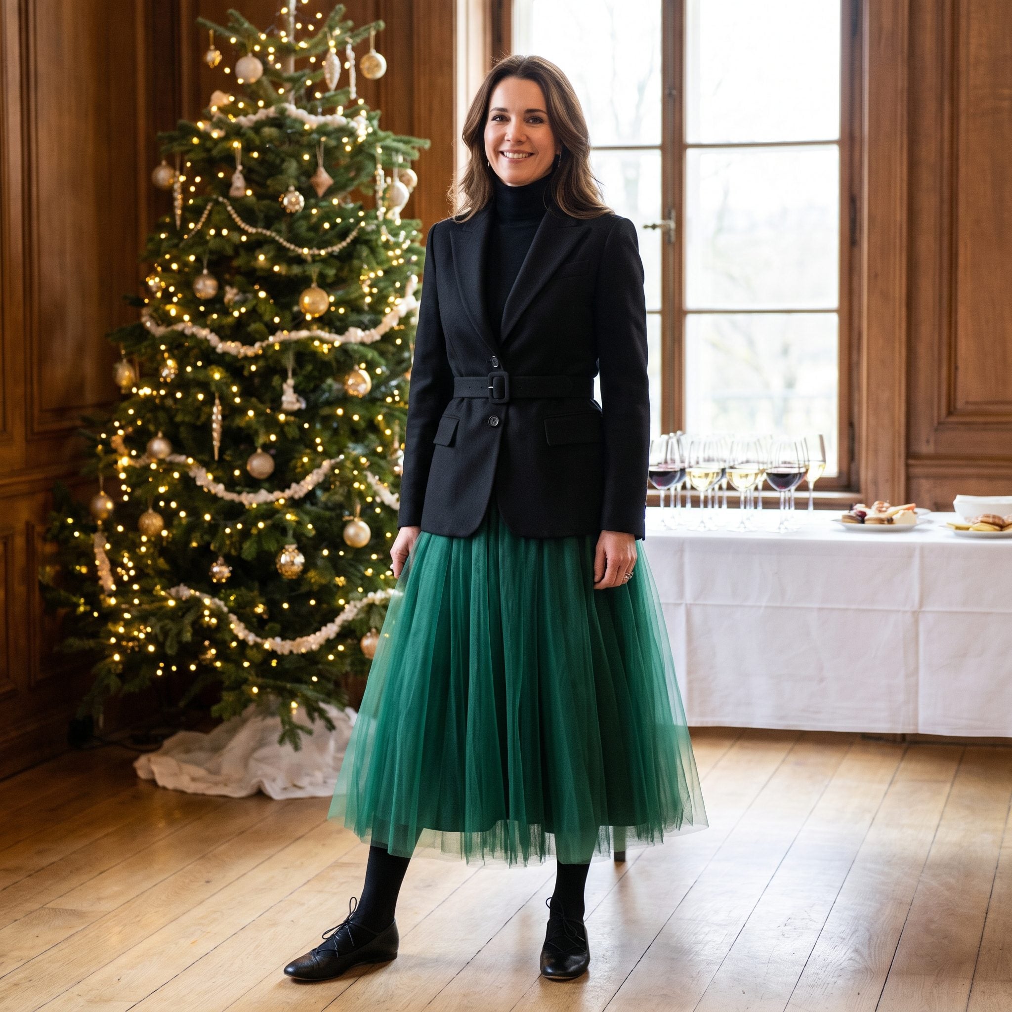 Emerald Tulle with Lace-Up Ballet Flats