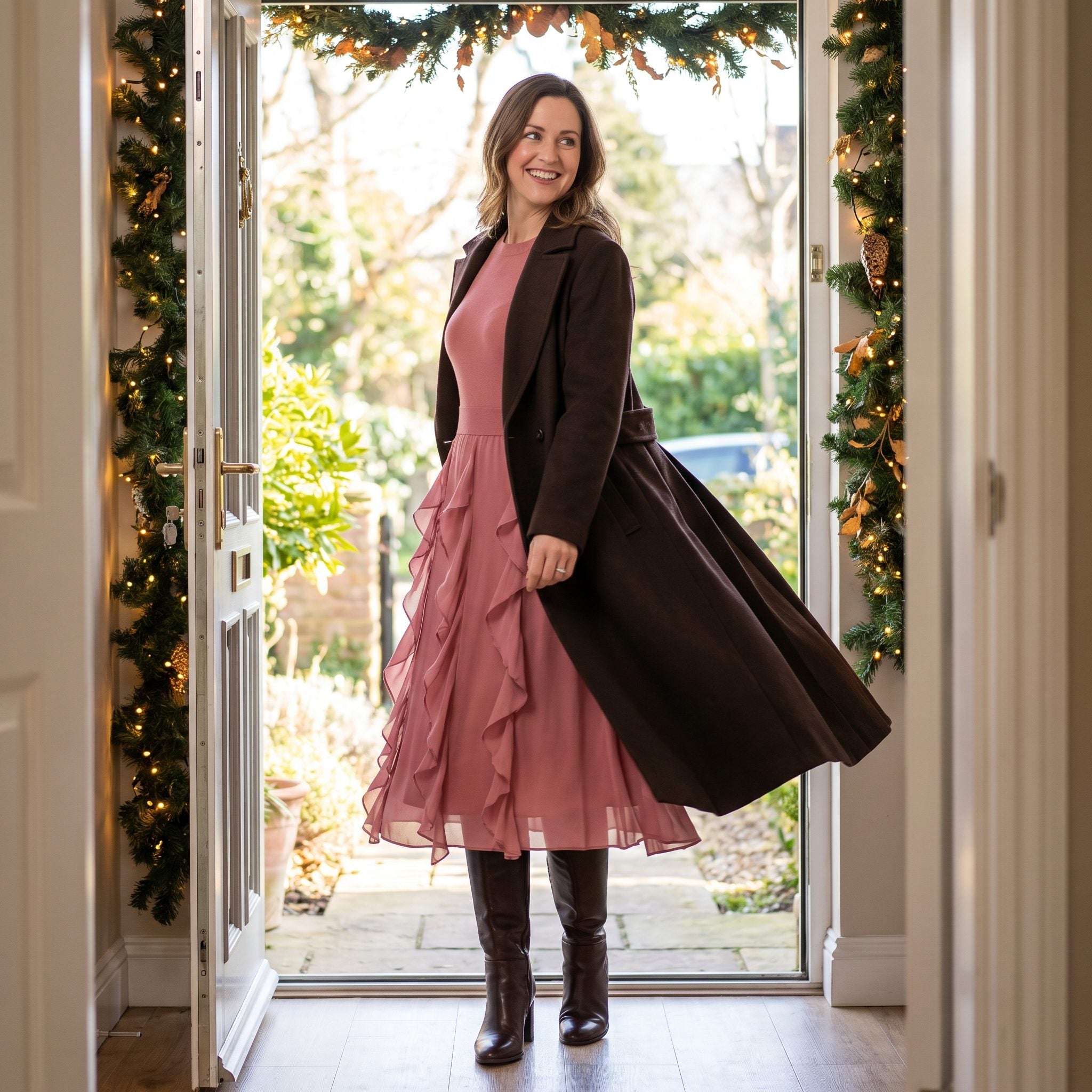 Woman in a rose-pink ruffled midi dress under an open espresso wool coat with a back box pleat and espresso knee boots
