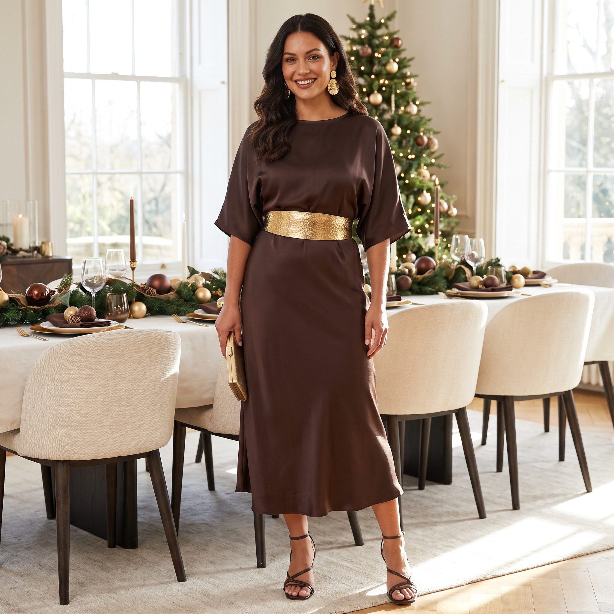 Espresso silk dress with a sculptural gold obi belt