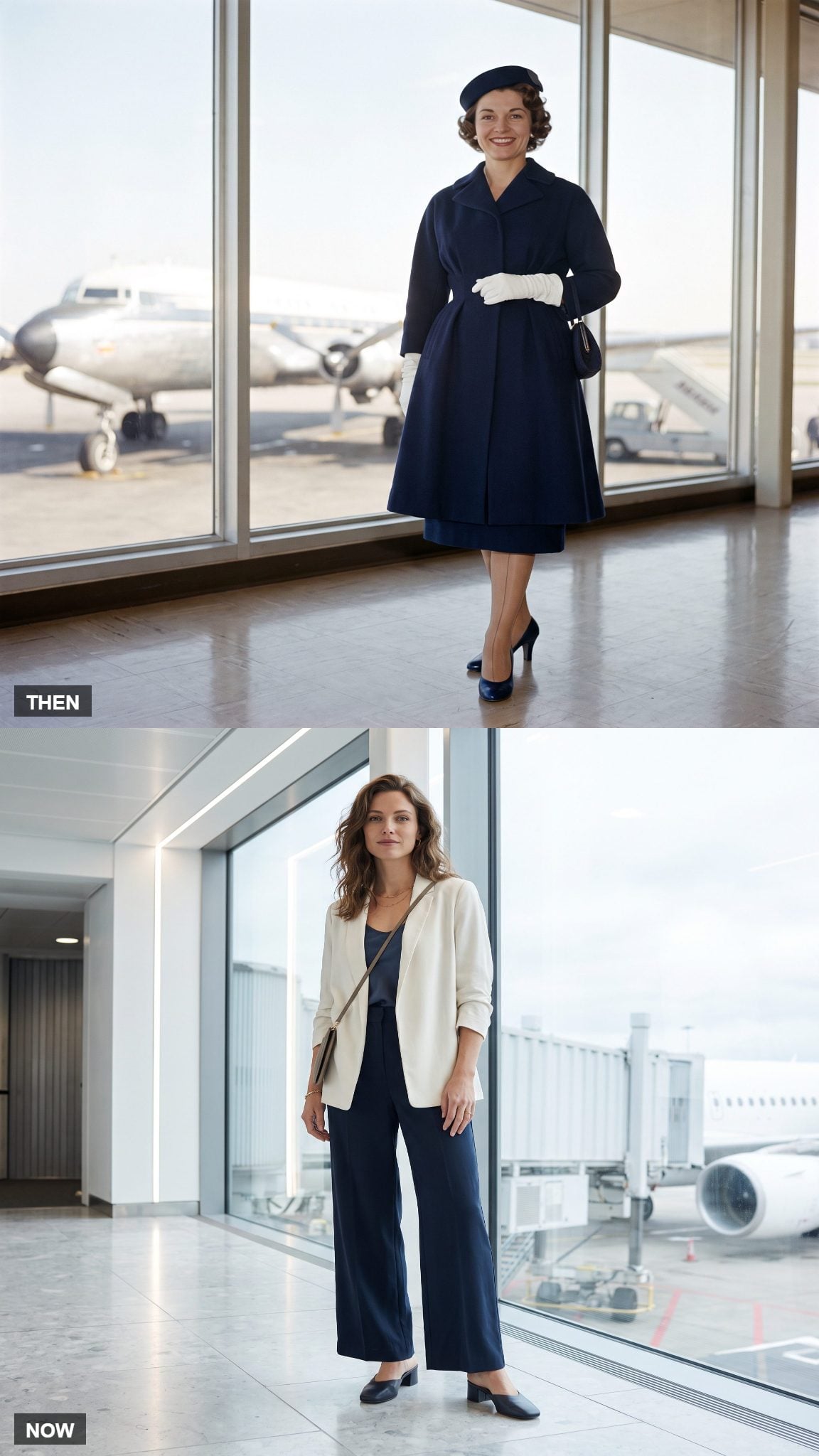 Vintage formal midnight-blue evening travel outfit compared with contemporary palazzo trousers and ivory jacket