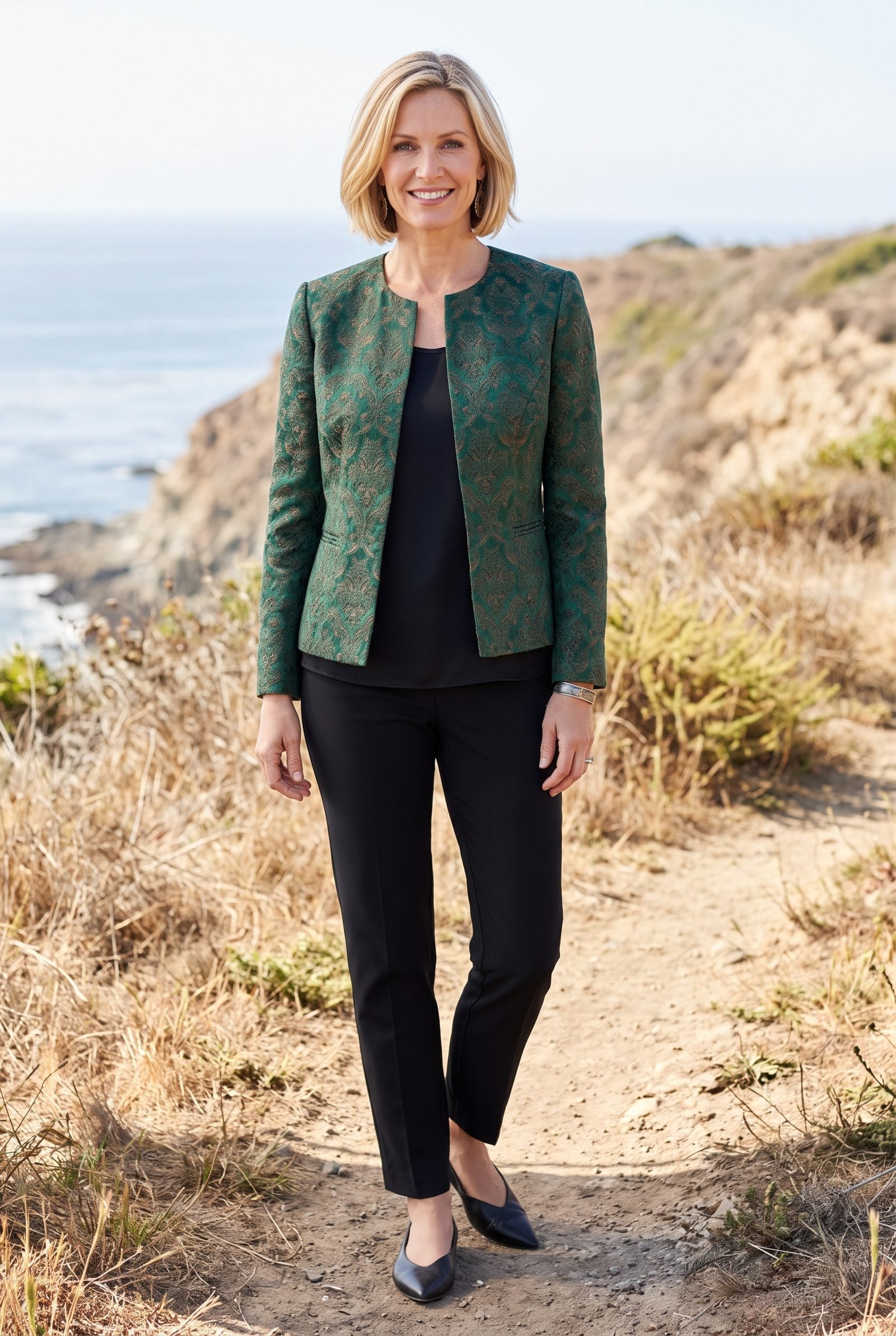 Evergreen Brocade Jacket With Black Cigarette Pants