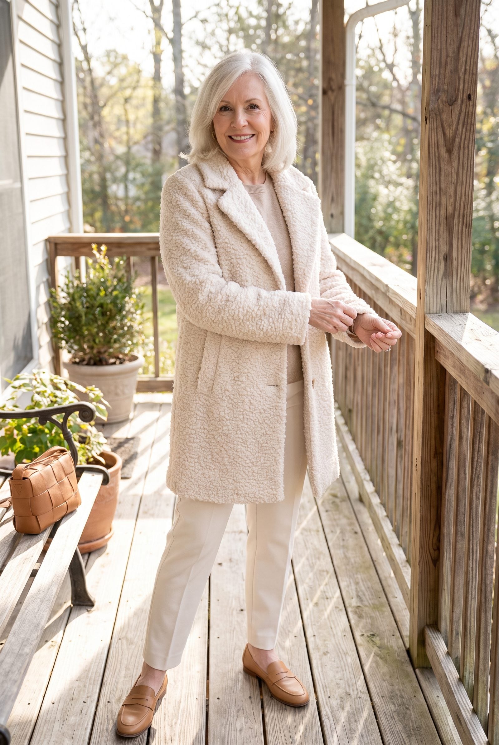 Folded cream boucle coat with a looped textured weave resting on a dresser by a window.