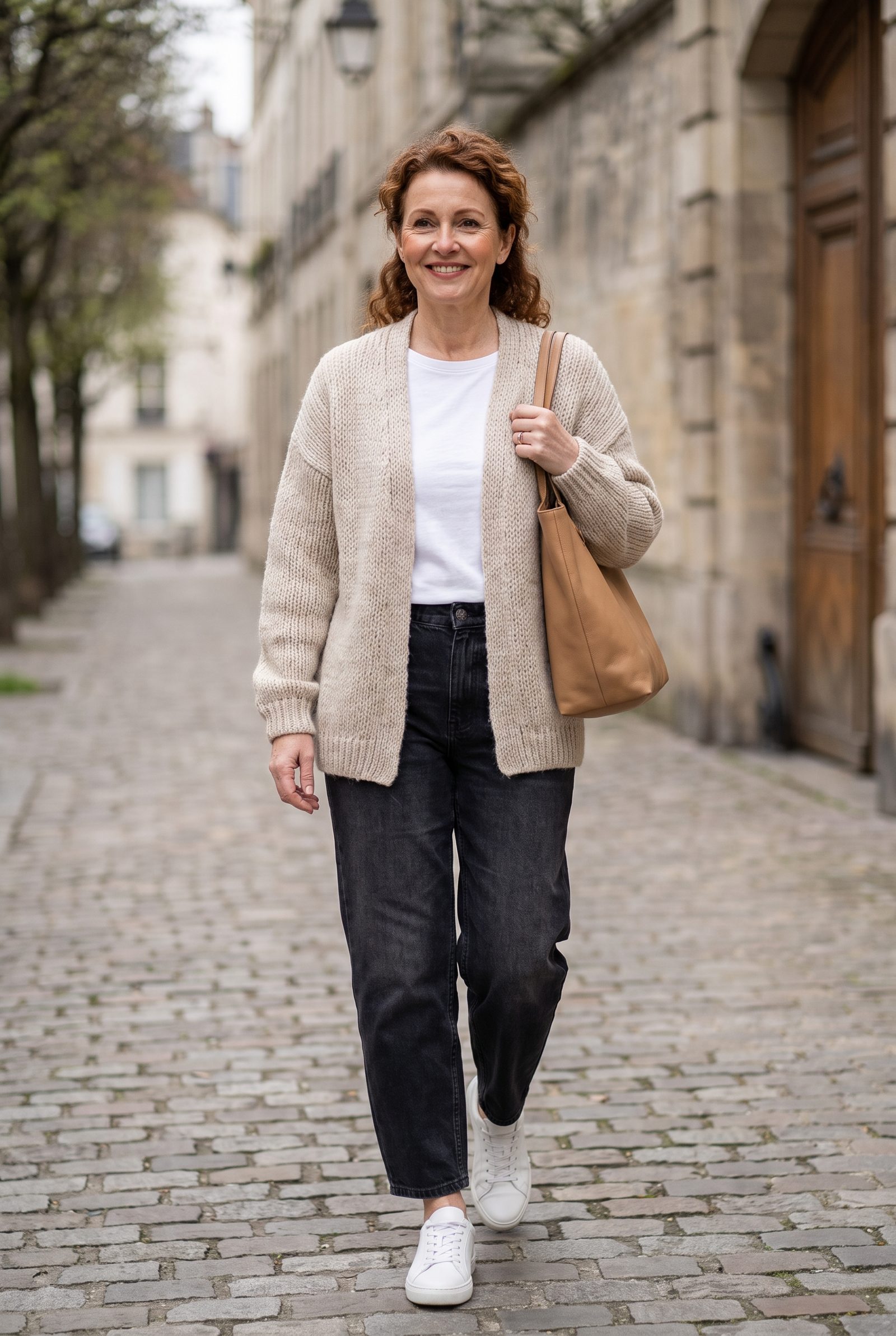 Faded-Black Barrel Jeans + Oatmeal Cardigan