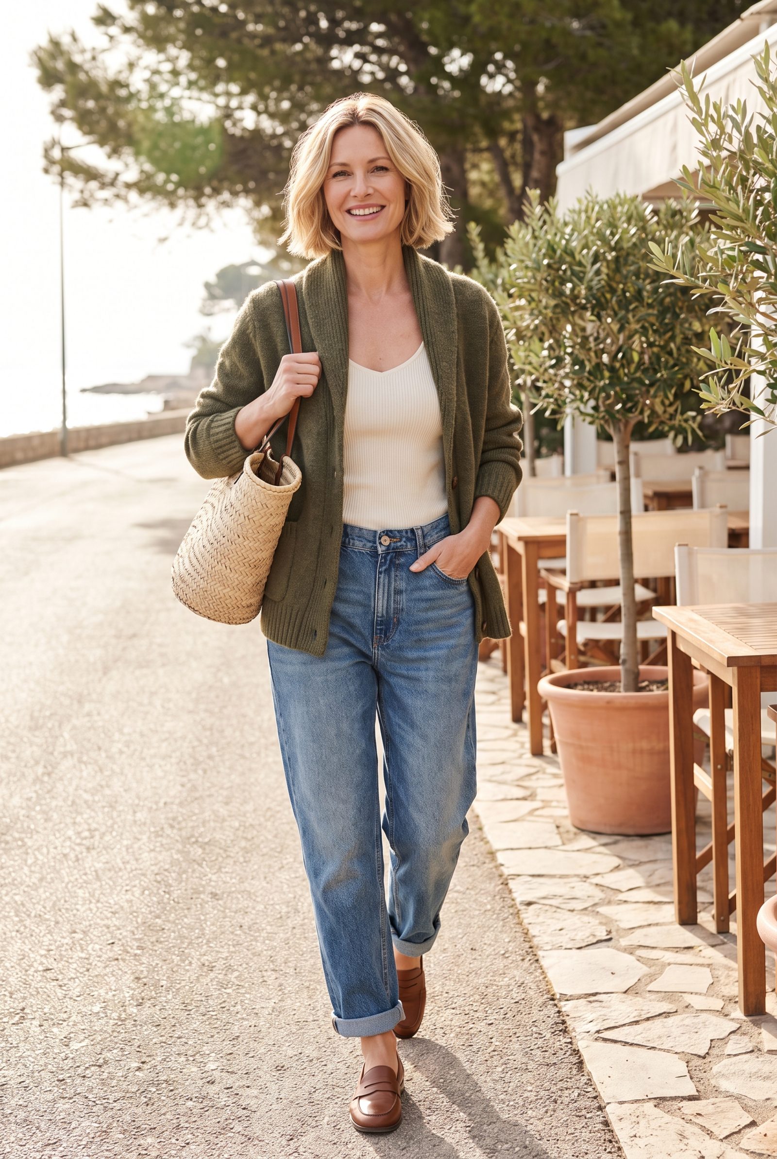 Faded-Blue Dad Jeans + Olive Shawl Cardigan