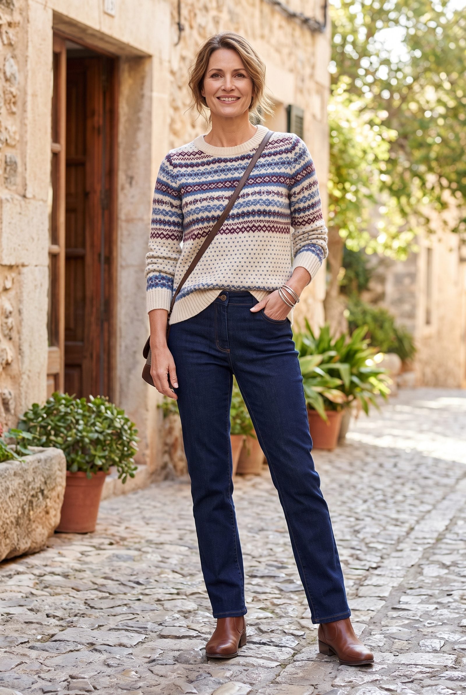 Fair Isle Knit French-Tucked Into Dark Straight-Leg Jeans
