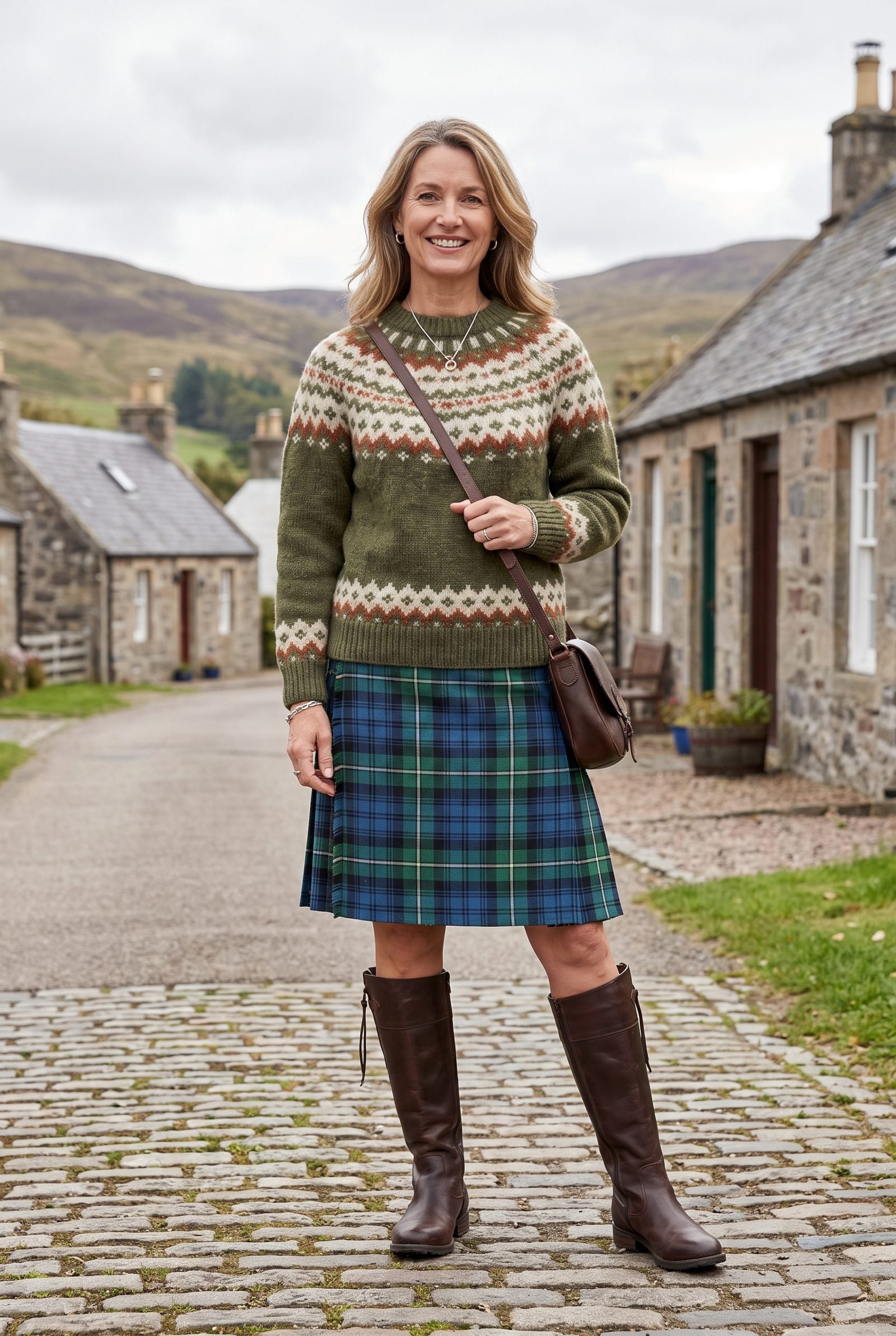 Fair Isle Sweater With a Kilt and Tall Boots