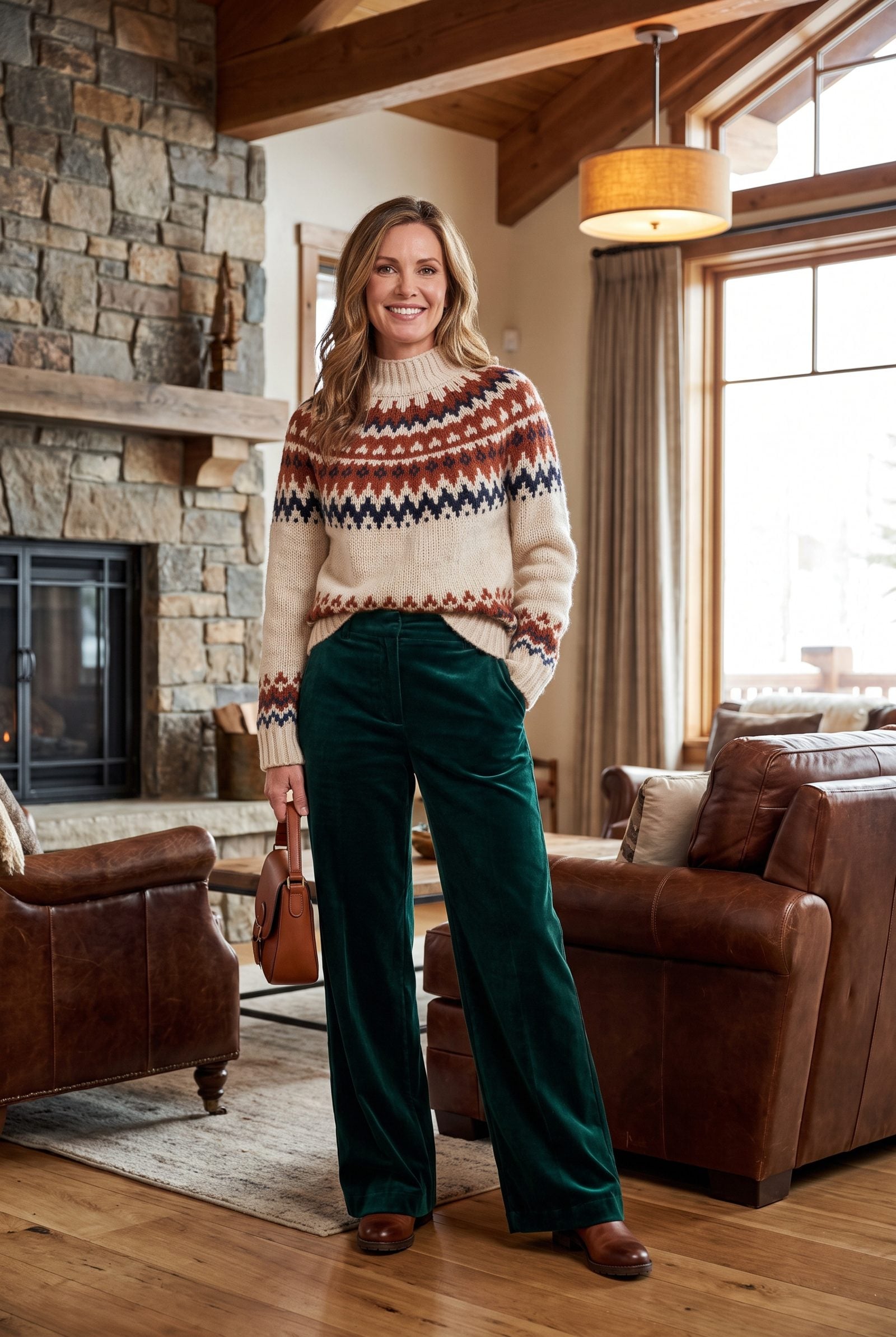 Fair Isle Sweater With Wide-Leg Velvet Trousers