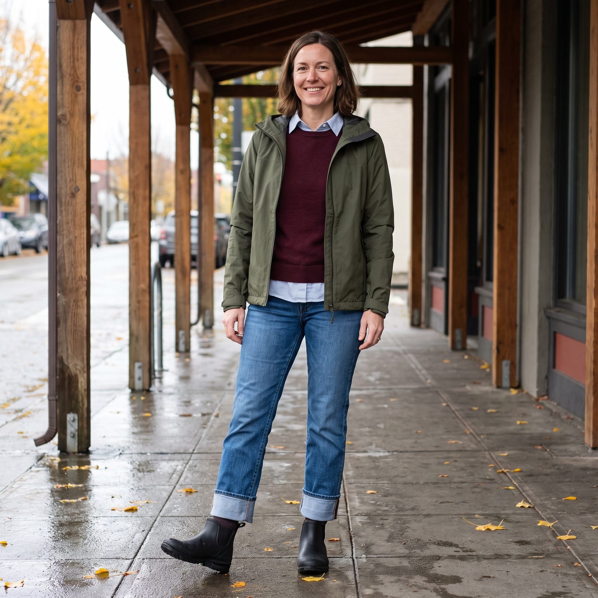 Fall outfit with broad-cuff straight jeans, an olive rain shell, and burgundy layers