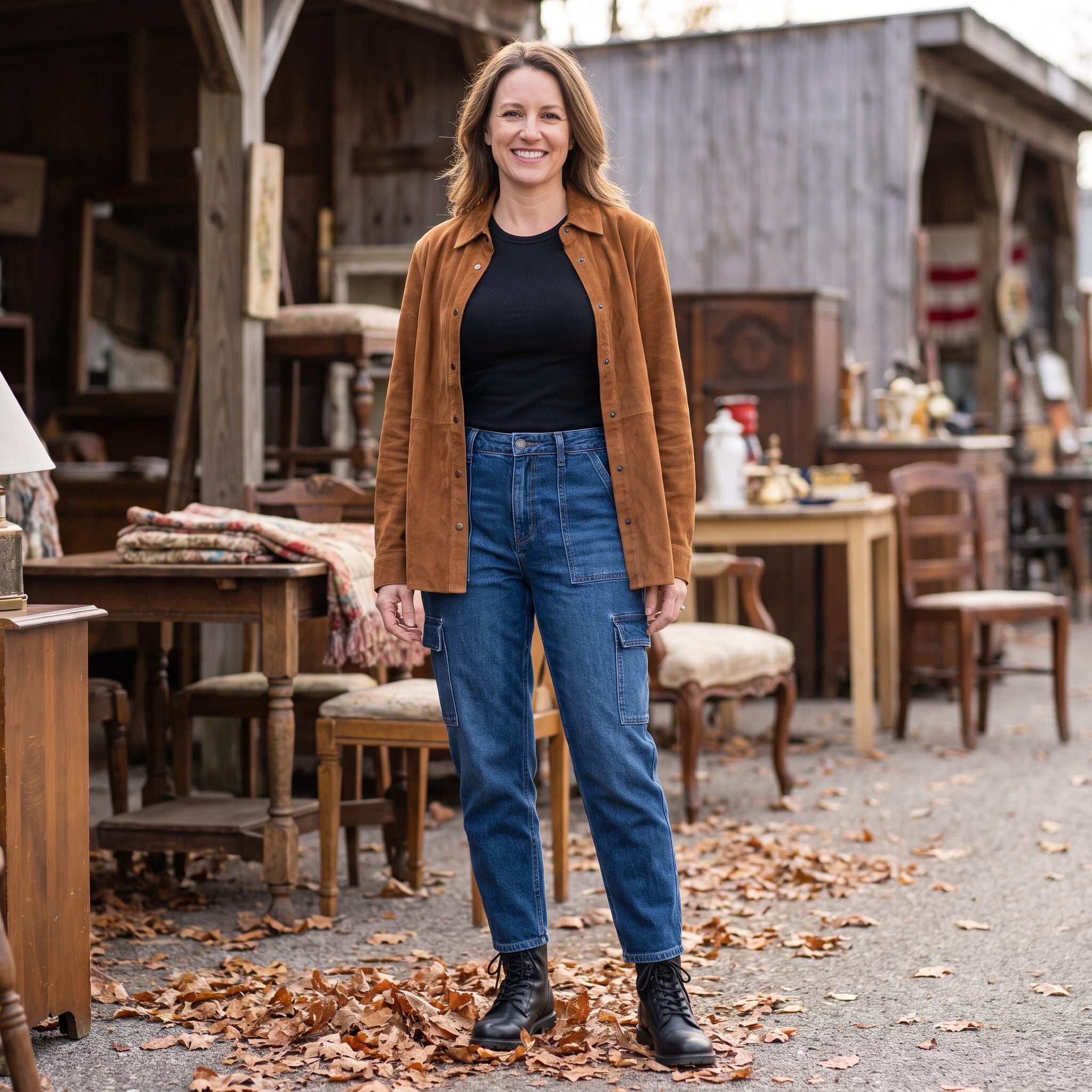 Fall outfit with cargo jeans, a tobacco suede overshirt, and a black tee