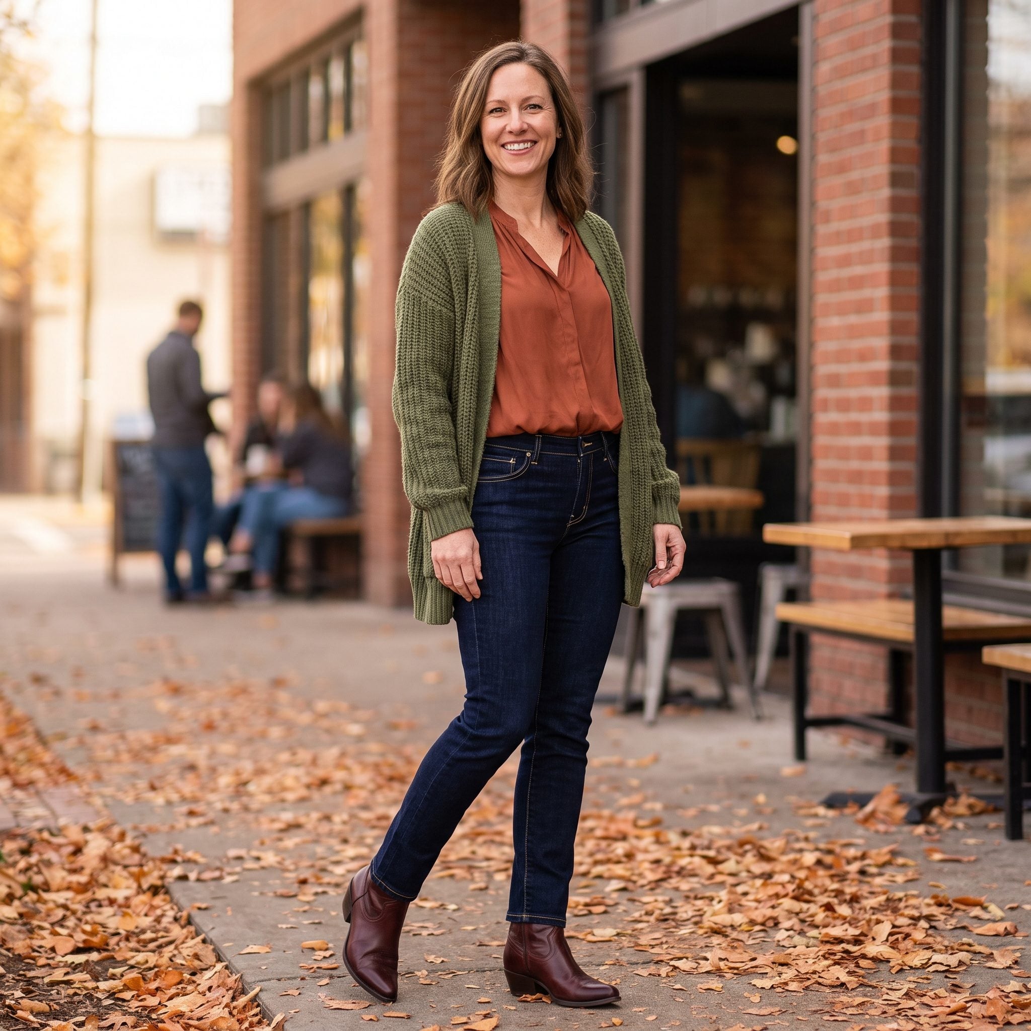 Fall outfit with contrast-stitch stovepipe jeans, a moss cardigan, and a rust blouse