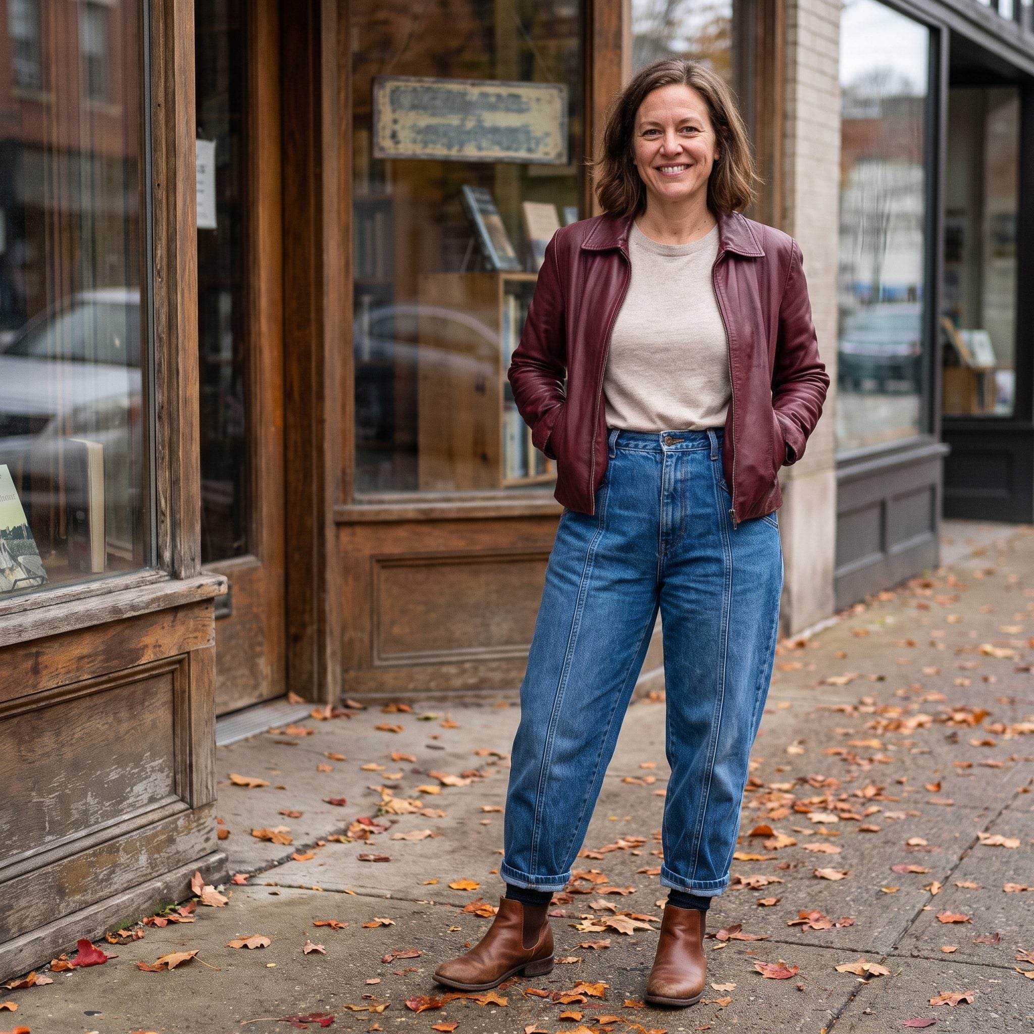 Fall outfit with curved-seam barrel jeans, merlot leather, and oatmeal knitwear