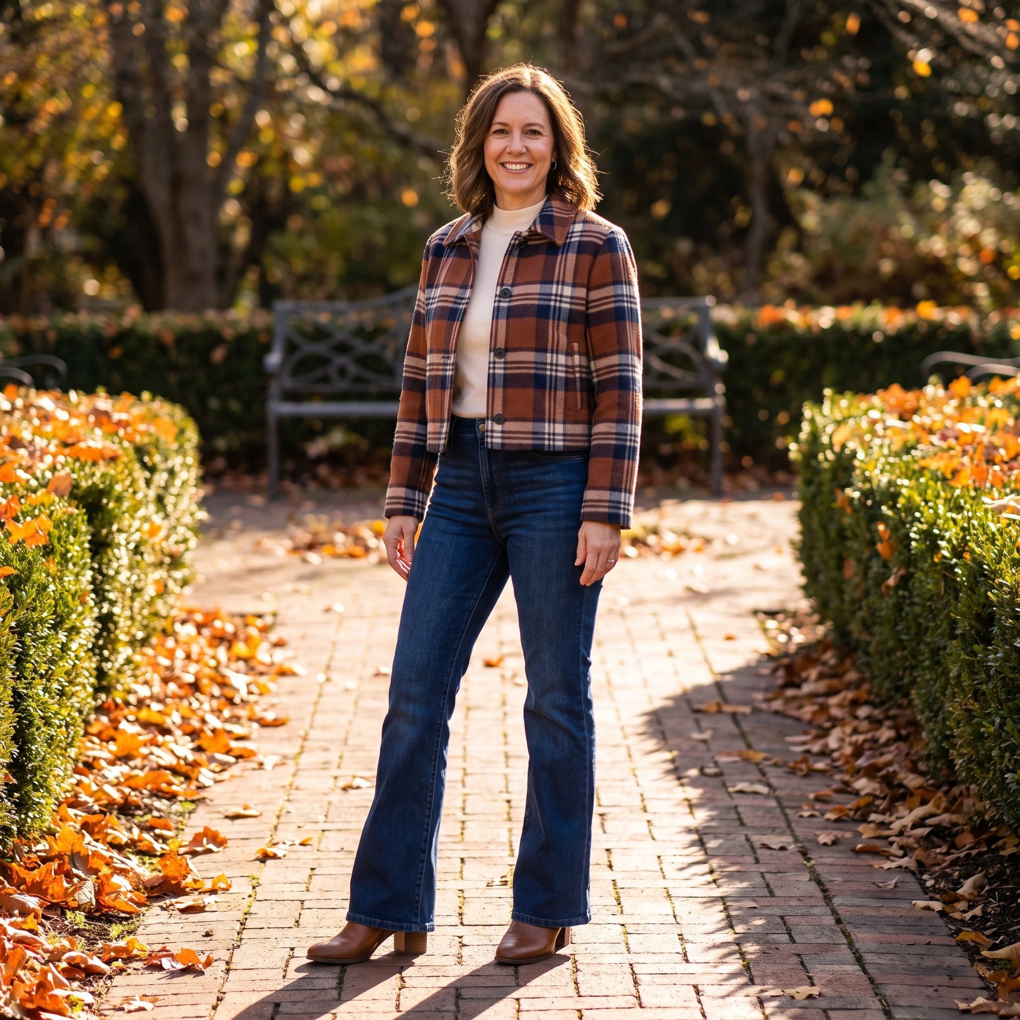 Fall outfit with dark flare jeans, a cropped plaid jacket, and a cream mock-neck