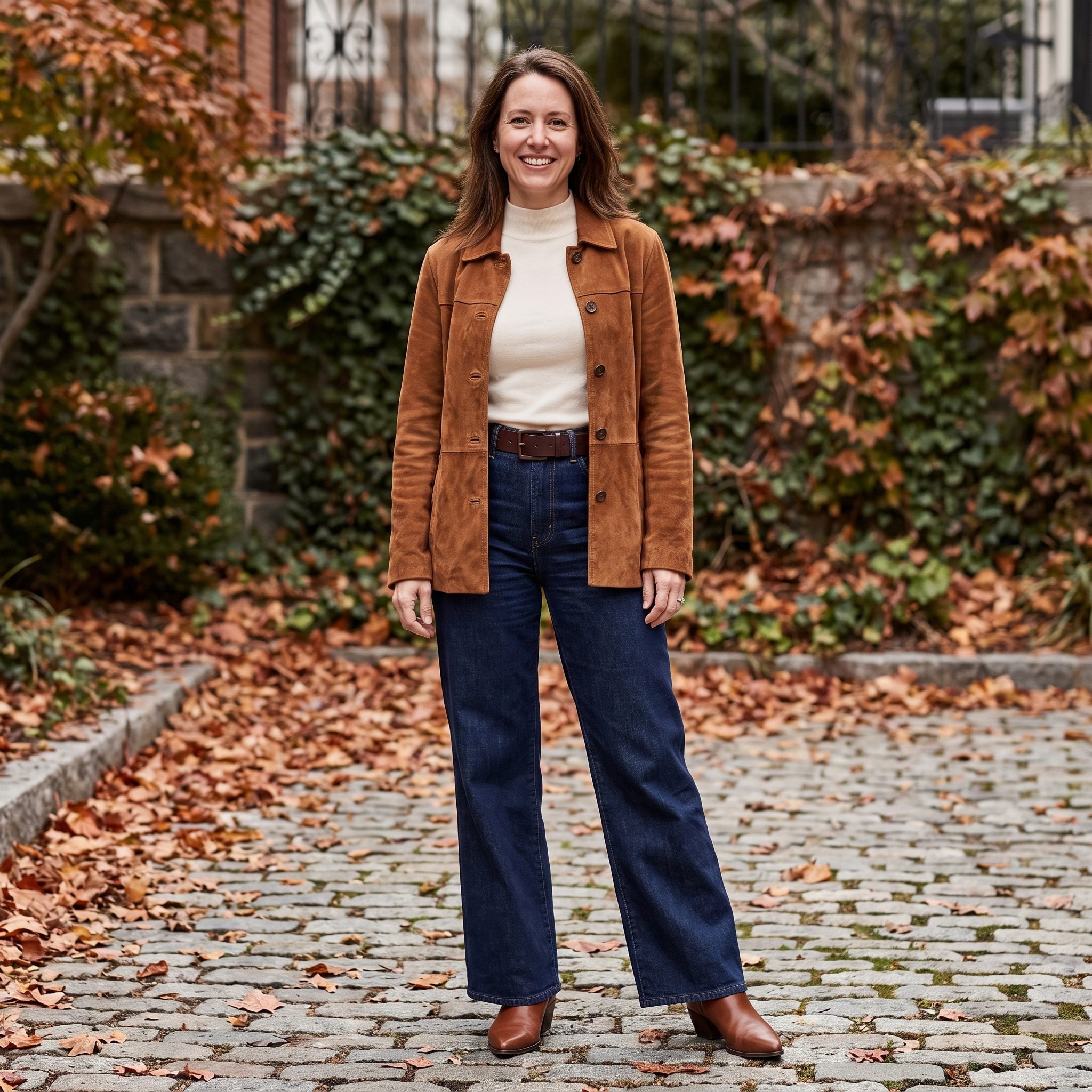 Fall outfit with dark wide-leg jeans, a brown suede jacket, and pointed boots