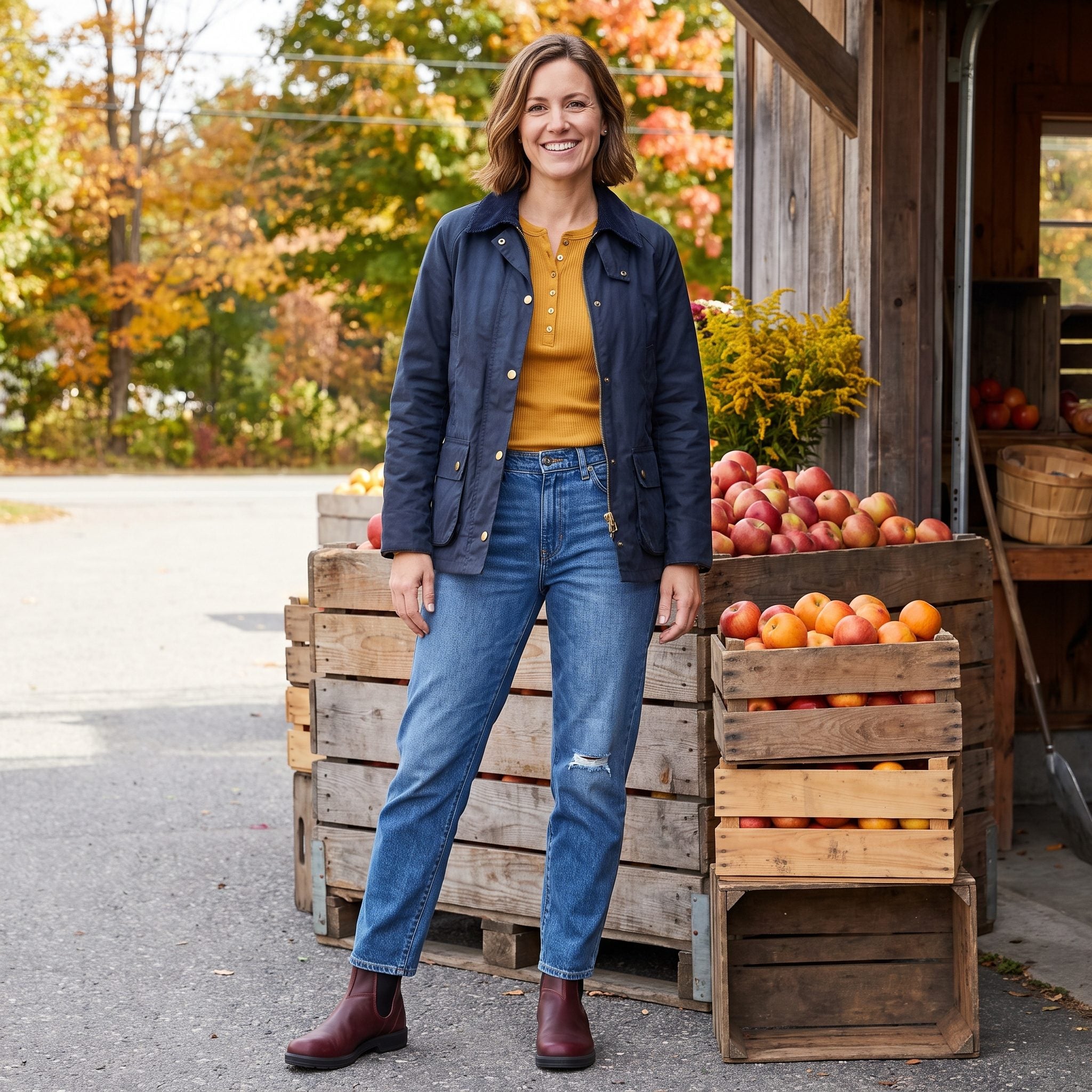 Fall outfit with distressed relaxed jeans, a navy barn jacket, and mustard layers