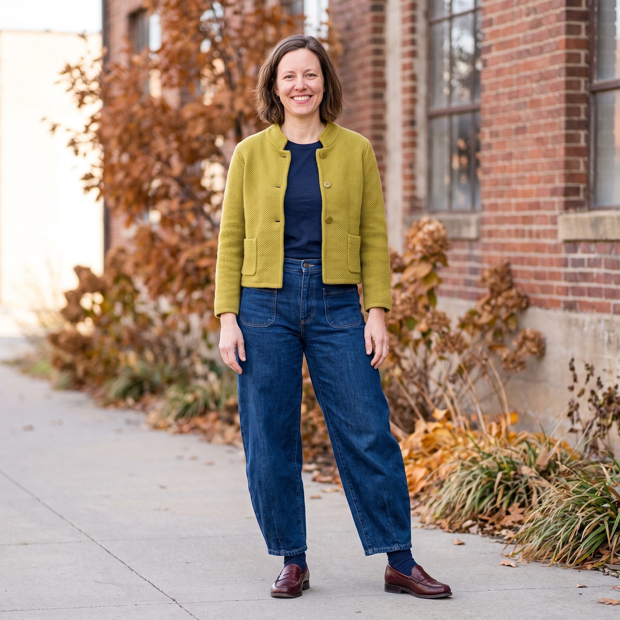 Fall outfit with horseshoe jeans and a chartreuse knit jacket
