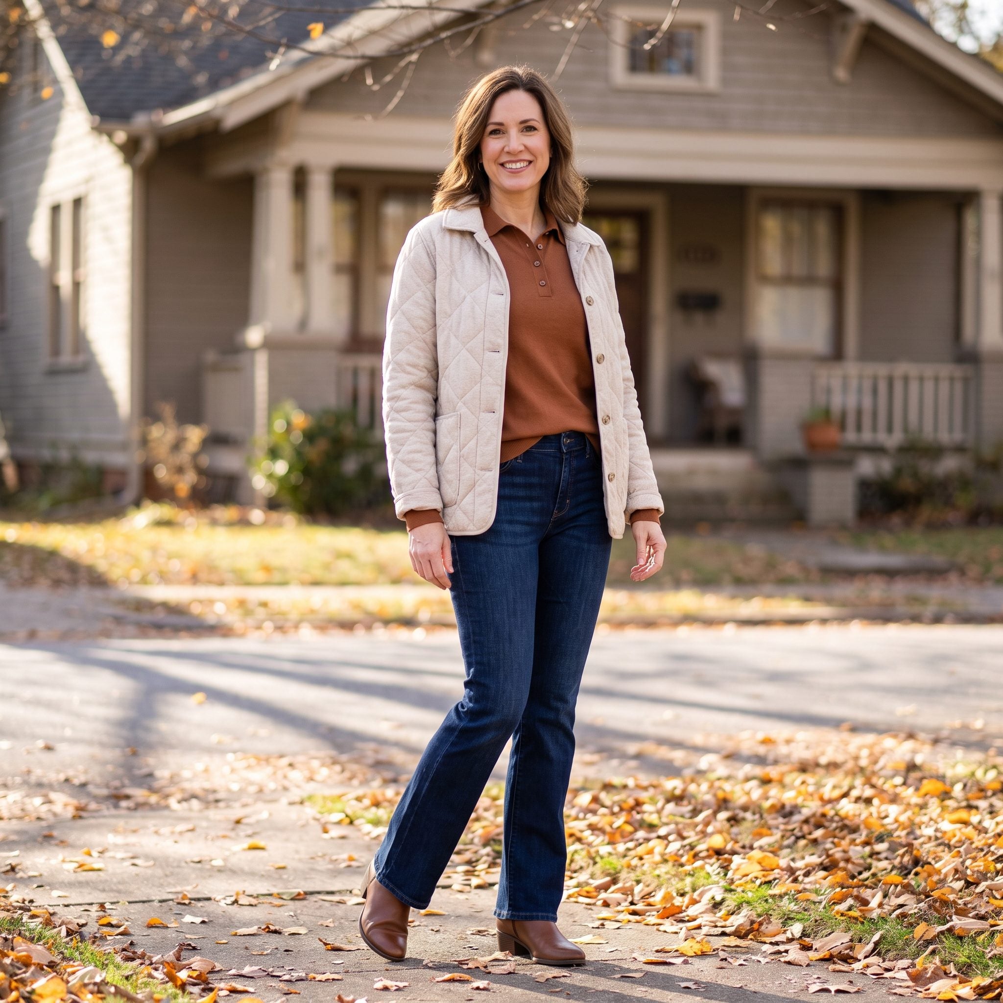 Fall outfit with narrow bootcut jeans, a cinnamon knit polo, and an oatmeal quilted jacket