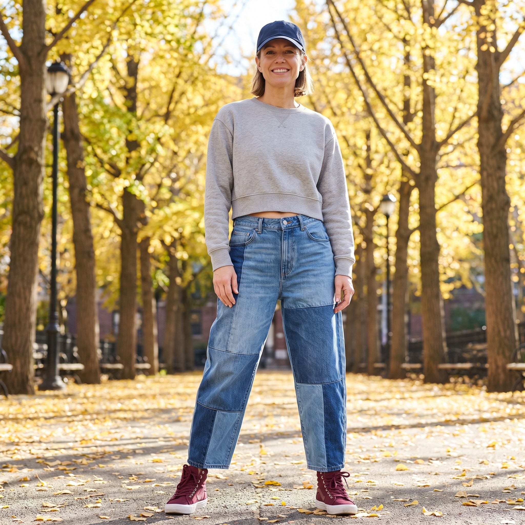 Fall outfit with patchwork baggy jeans, a cropped gray sweatshirt, and burgundy high-tops