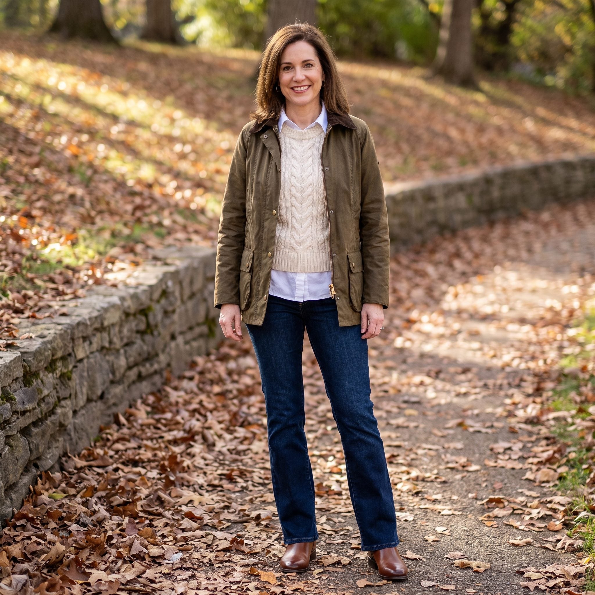 Fall outfit with slim bootcut jeans, a cream cable-knit vest, and a white collared shirt
