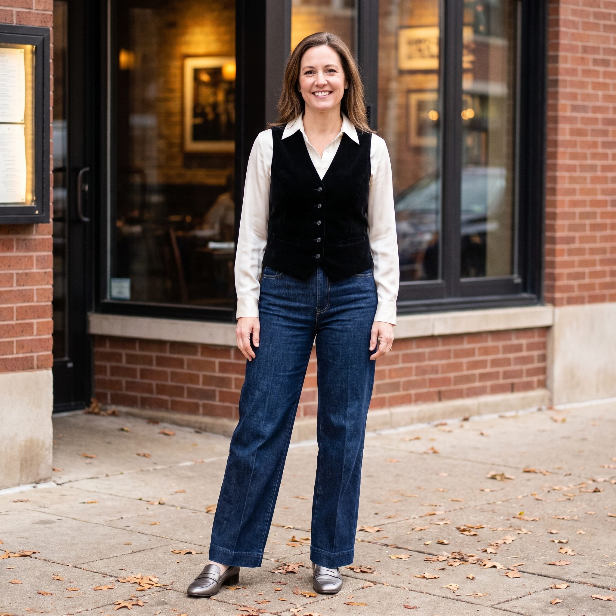 Fall evening outfit with trouser jeans, a black velvet waistcoat, and ivory silk