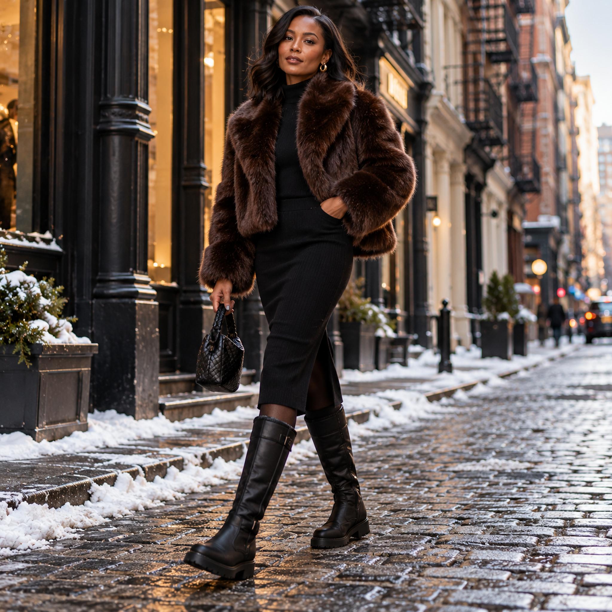 Black woman wearing a cropped chocolate faux-fur jacket, black column skirt, dark tights, and knee-high winter boots on a city street