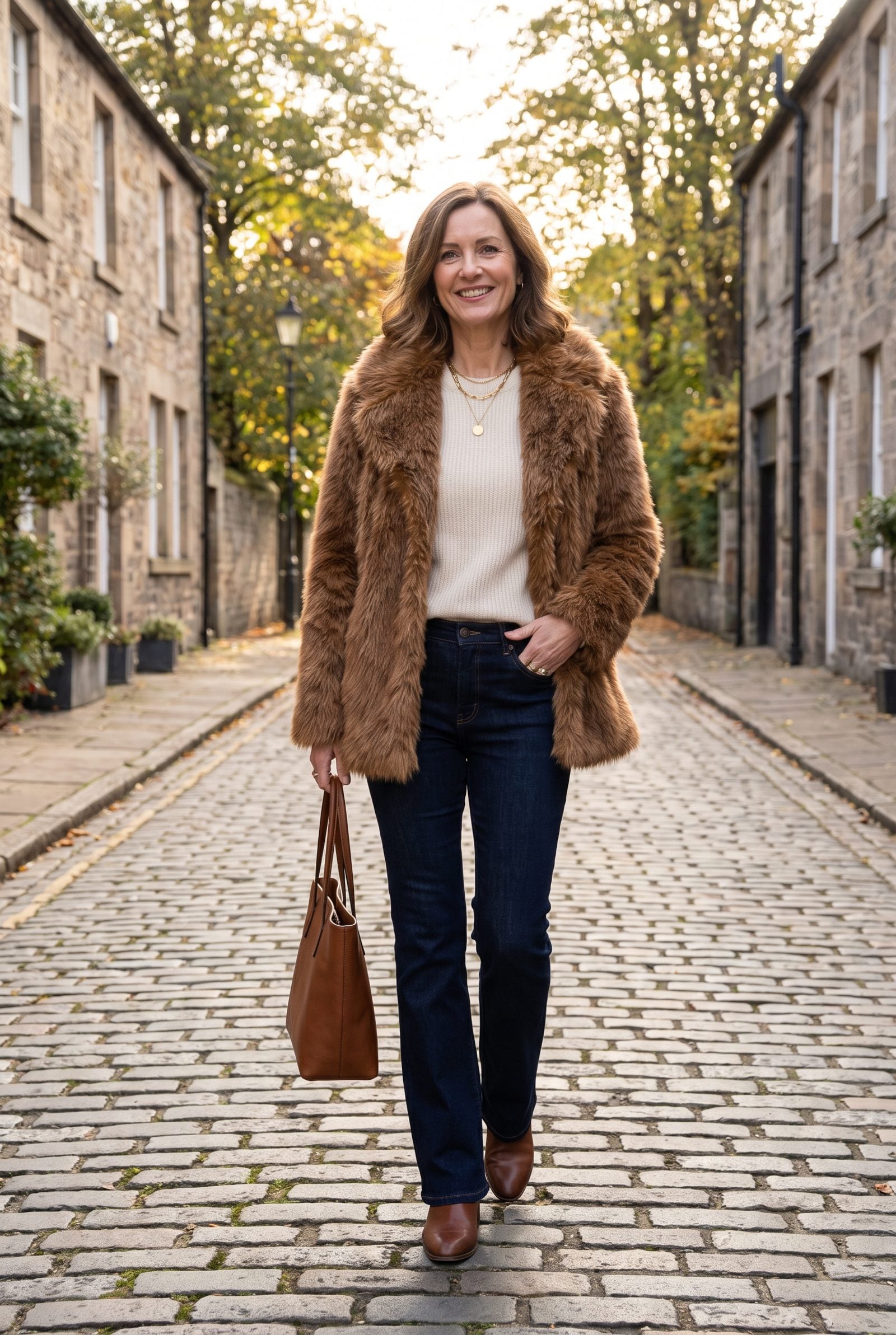 Faux-Fur Jacket With Deep-Indigo Bootcut Jeans