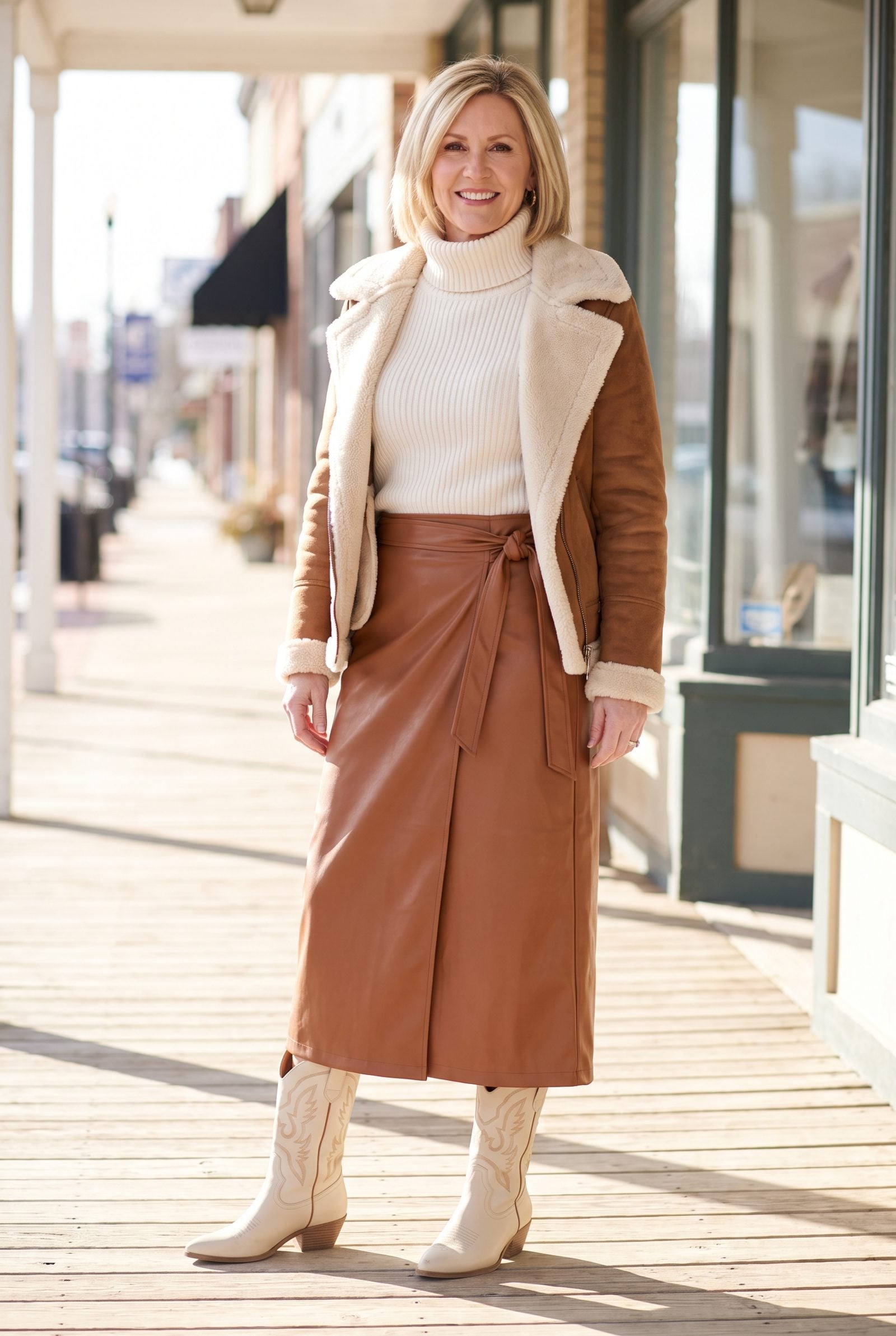 Faux-Leather Wrap Midi Skirt With Cream Western Boots