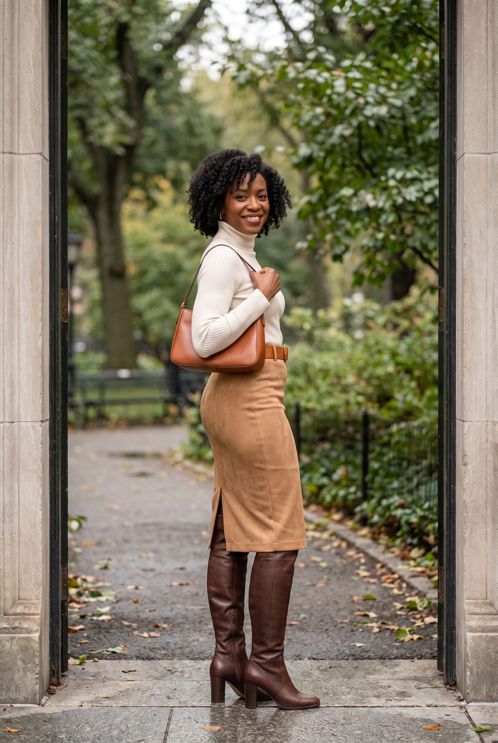 Faux-Suede Pencil Skirt With Over-the-Knee Boots