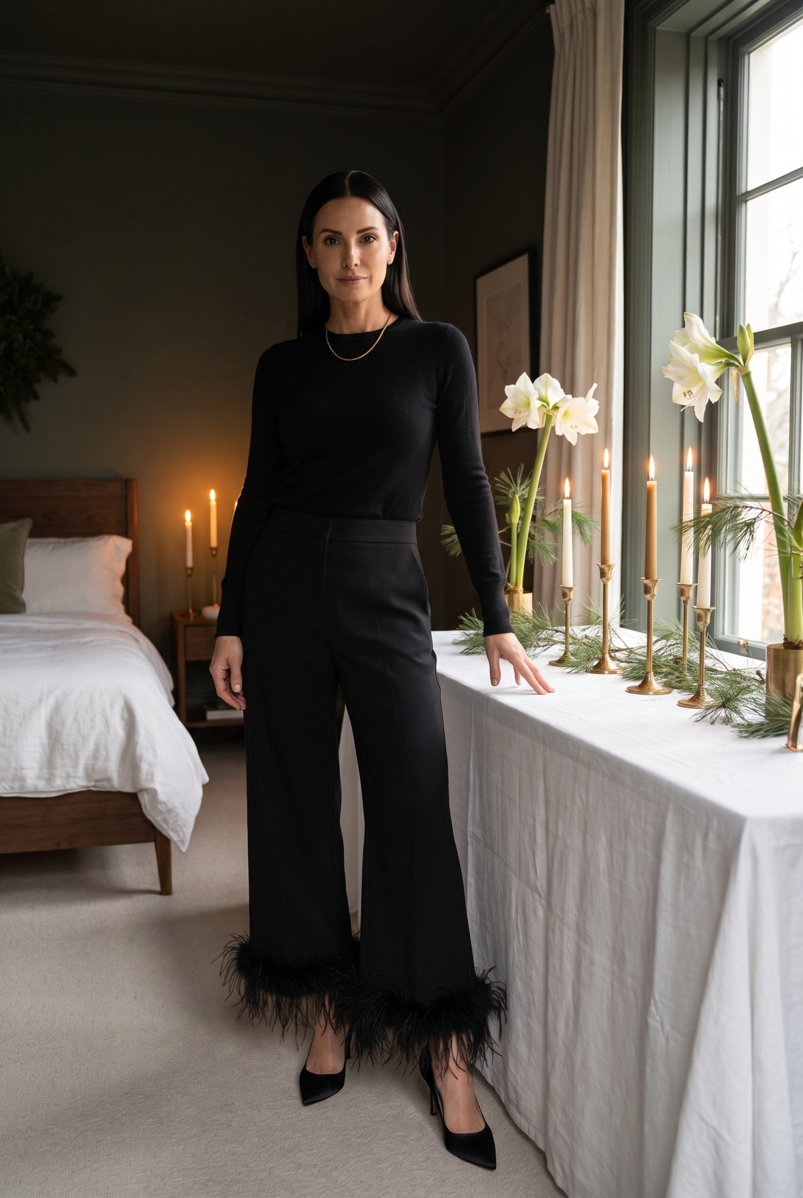 Feather-Trimmed Trousers With a Restrained Black Top
