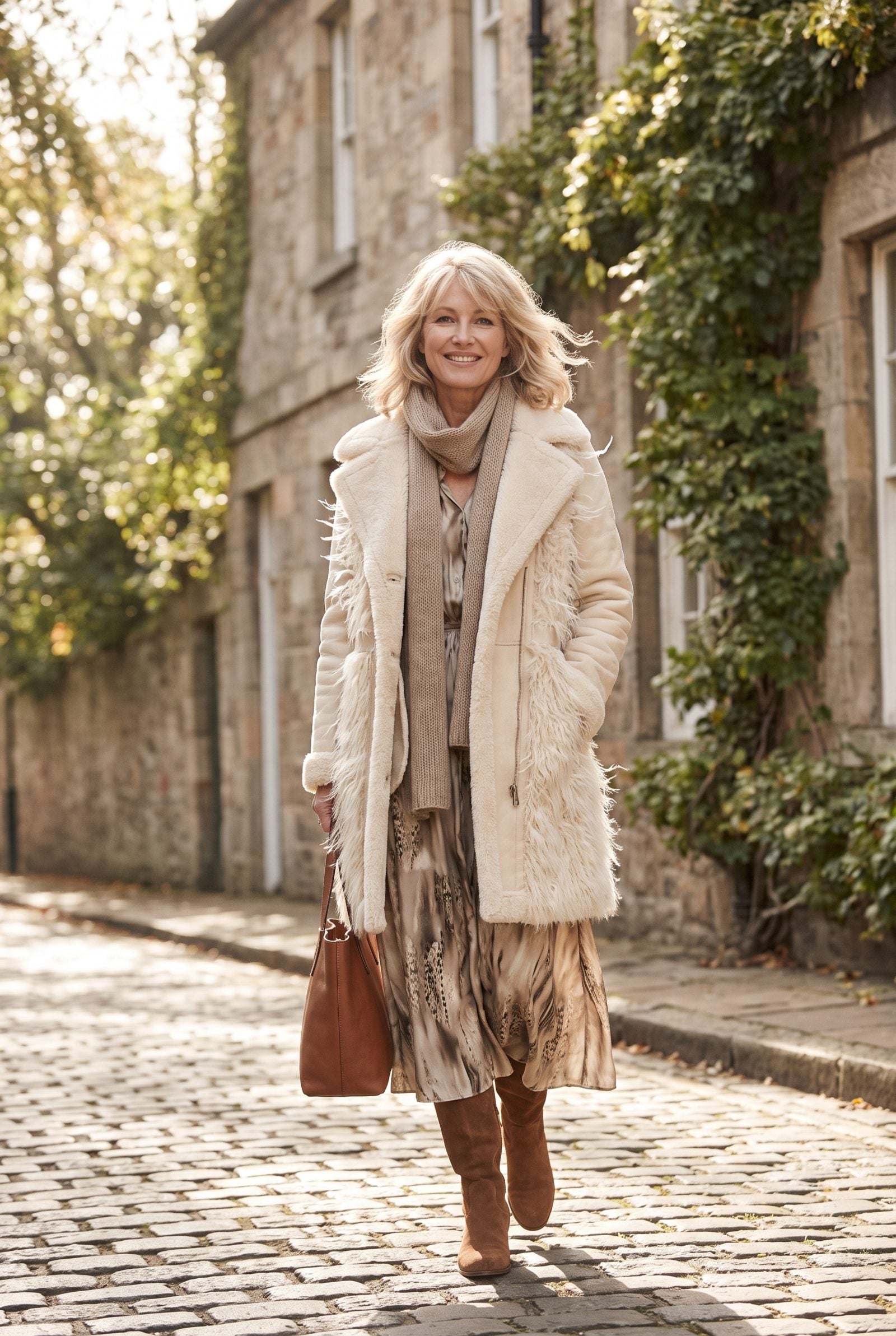 Woman aged 52 to 60 in a park with shoulder-length feathered chestnut layers framing her face and a cream knit top.