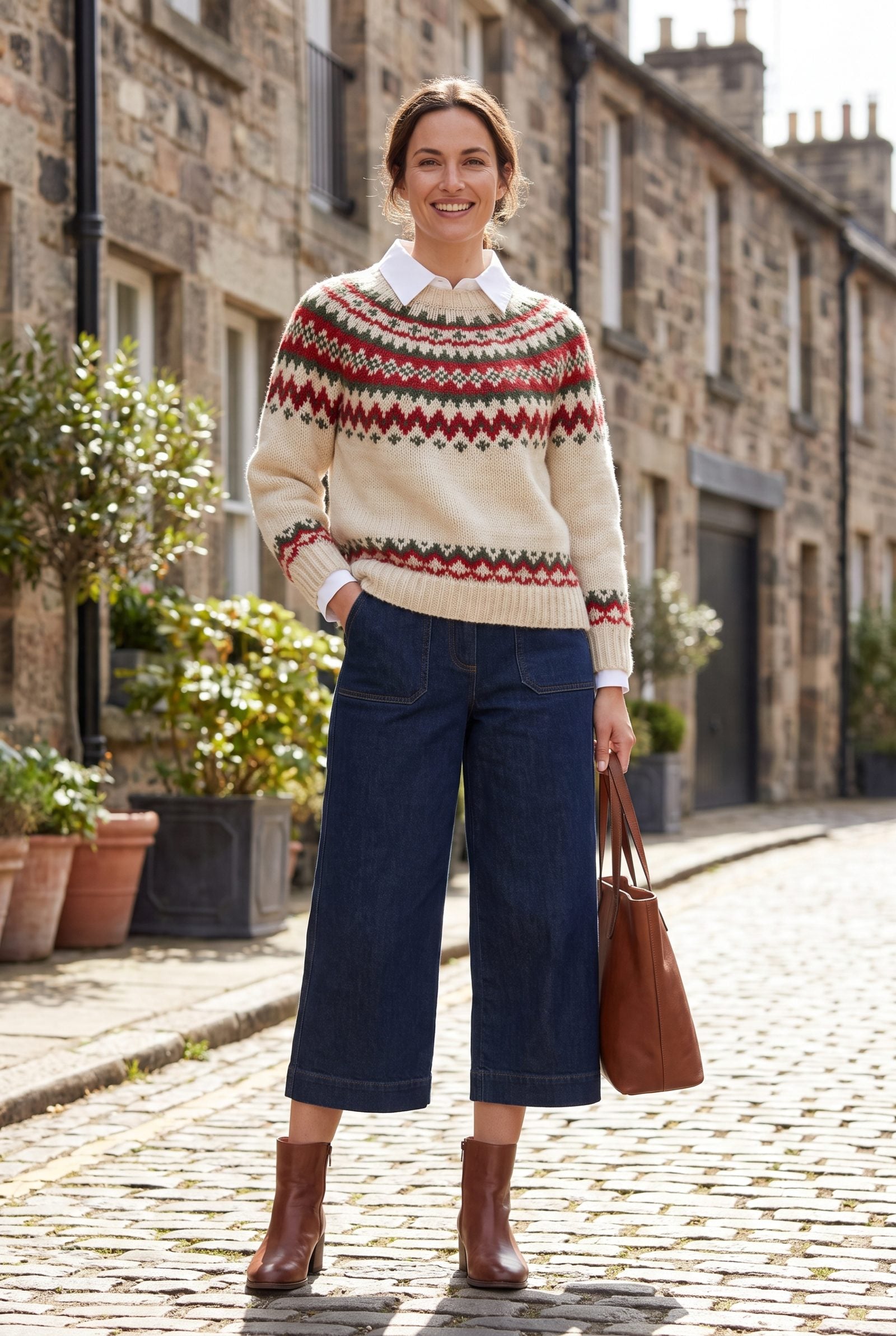 Festive Sweater With a Detachable White Collar and Culottes