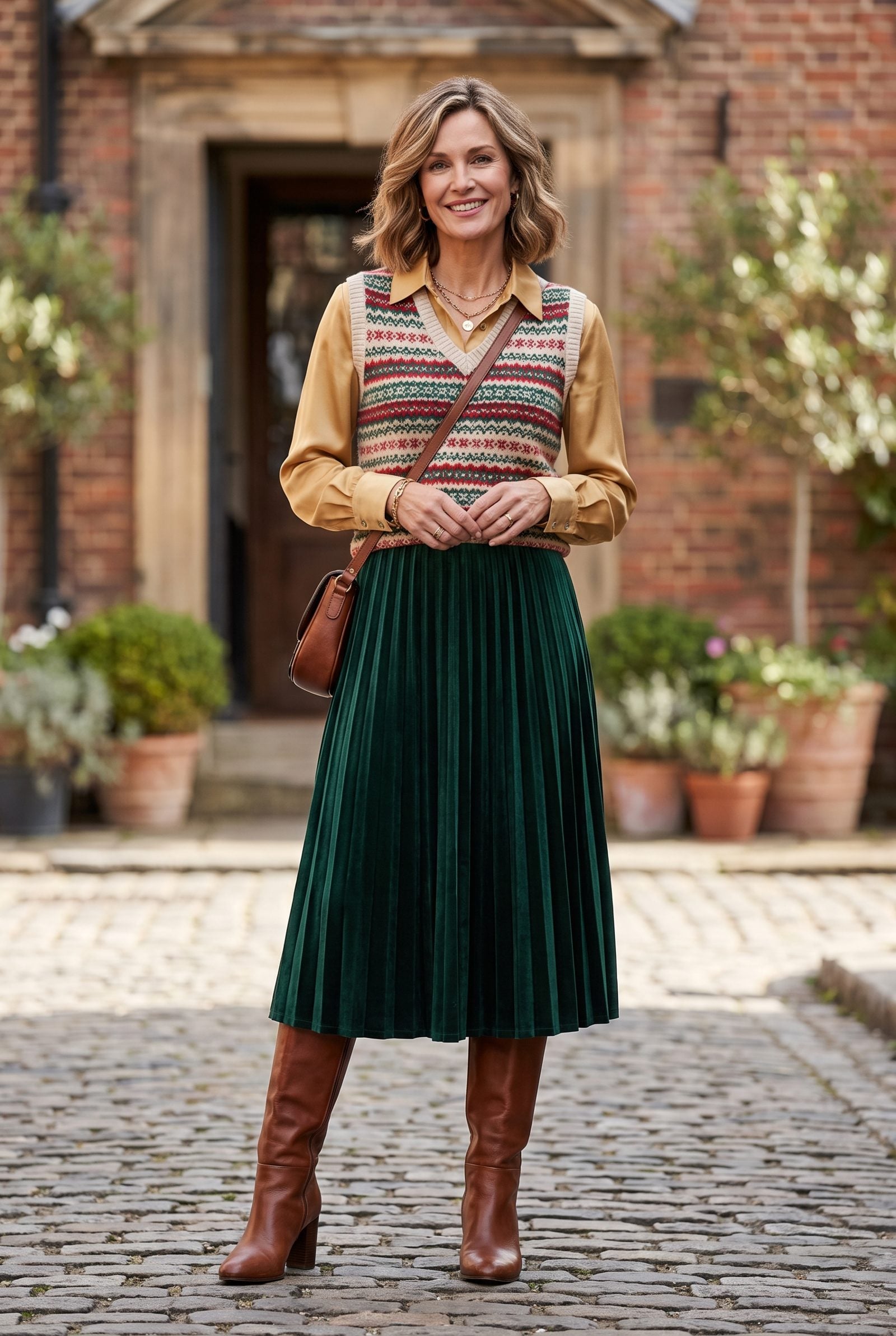 Festive Sweater Vest Over a Satin Blouse and Midi Skirt