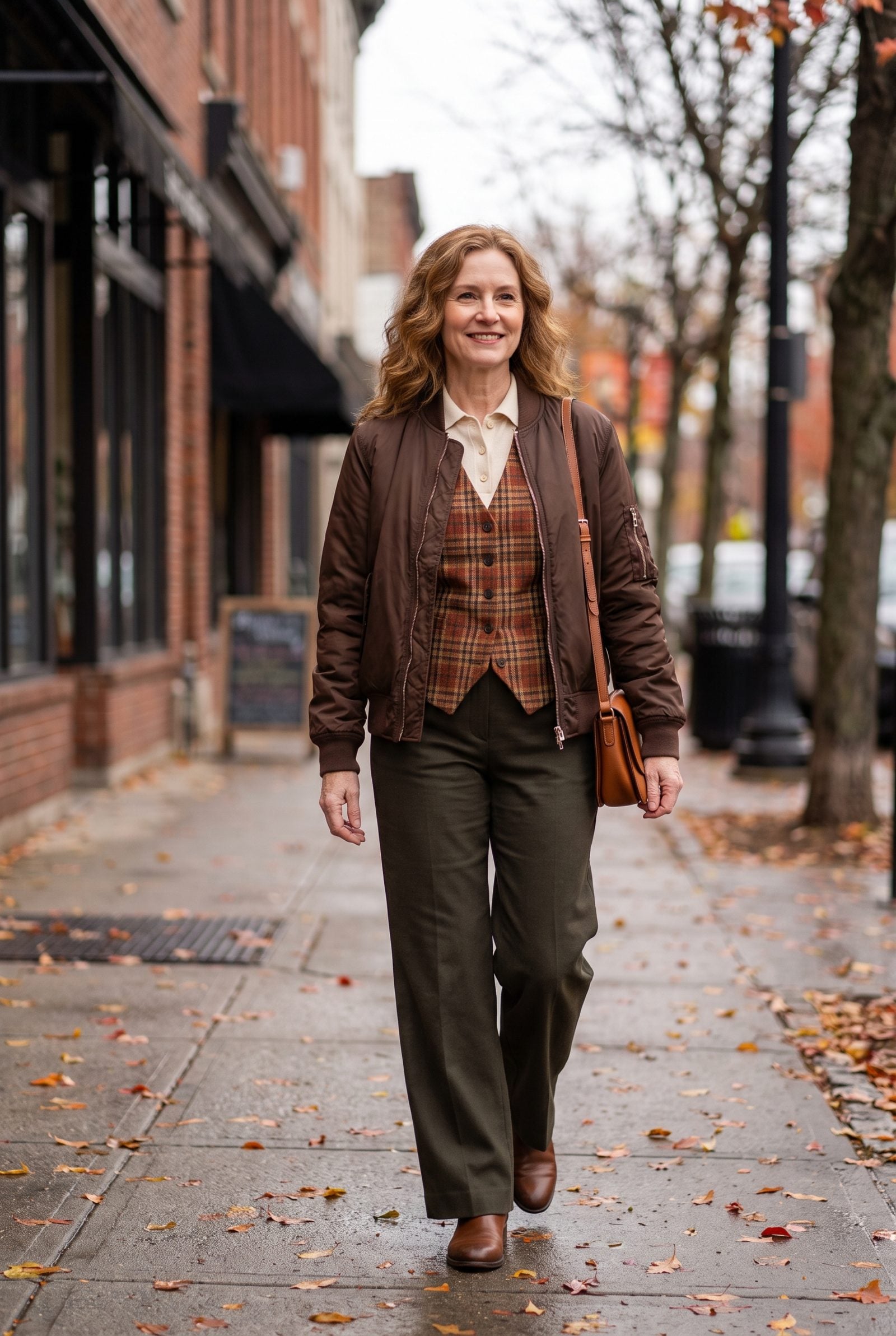 Fine-Knit Polo + Plaid Vest + Chocolate Bomber