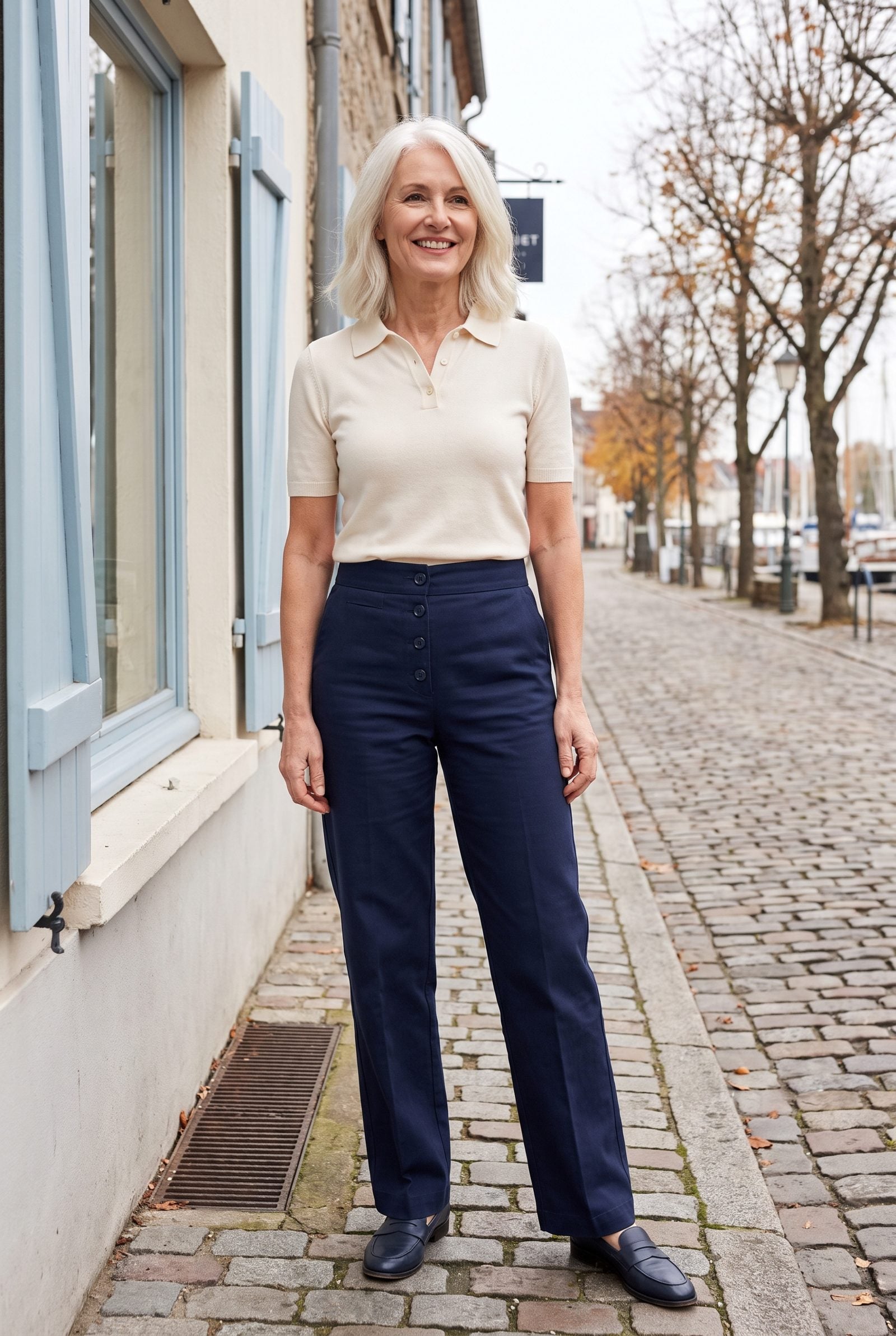 Fine-Knit Polo Tucked Into High-Rise Sailor Trousers