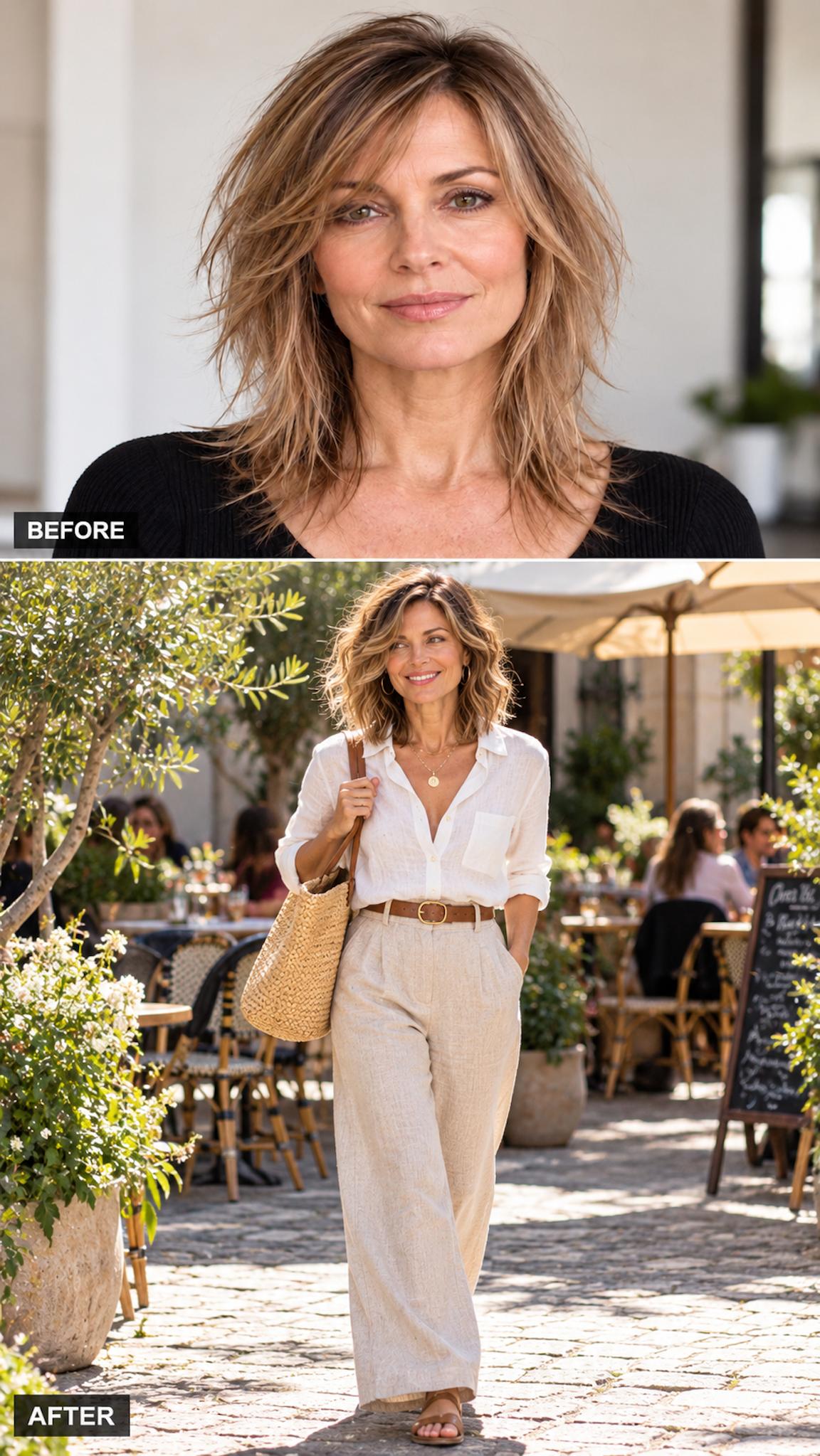 Fine hair transformed from wispy layers into an air-dried textured wavy lob