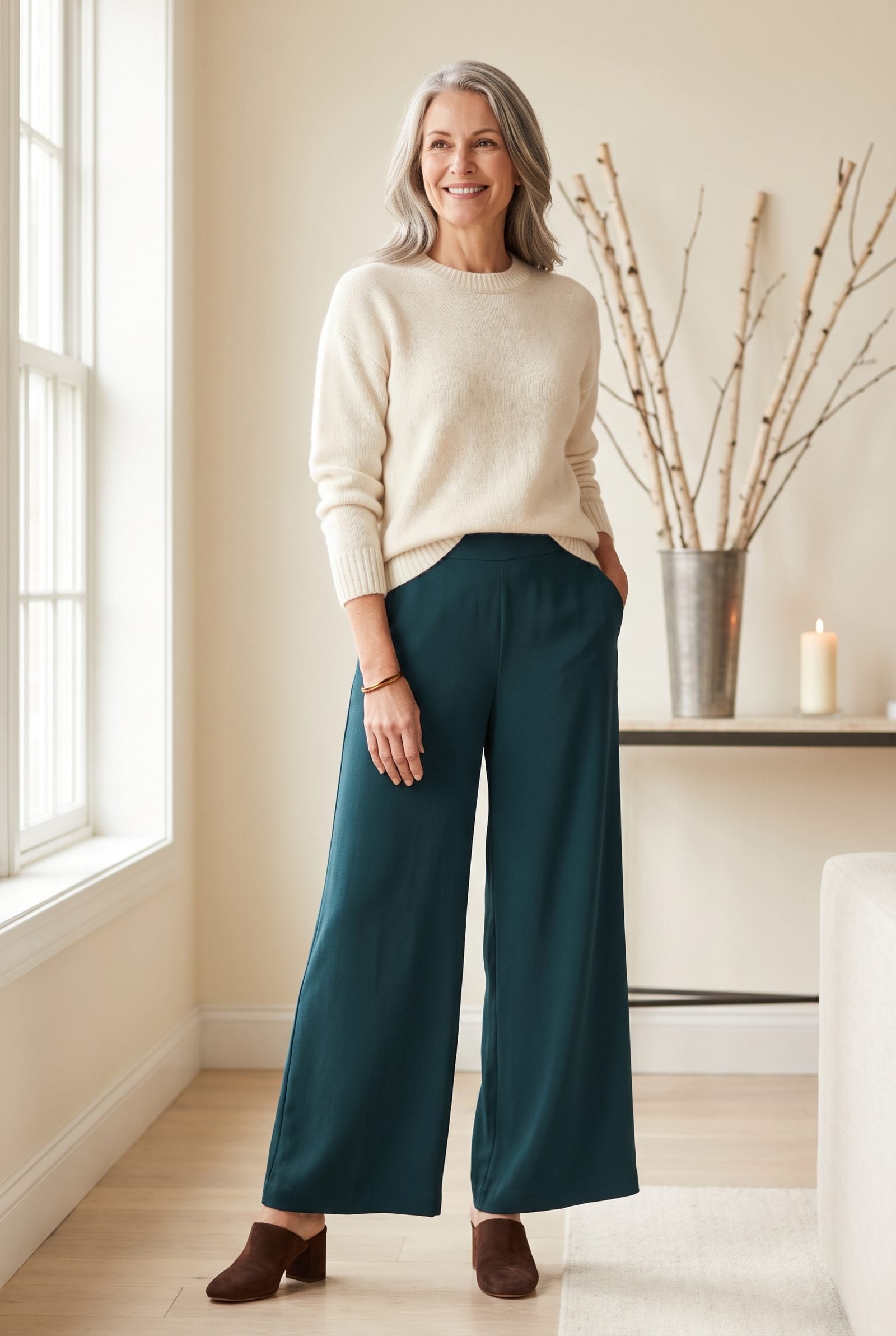 Fir-Green Palazzo Pants With a Cream Cashmere Sweater
