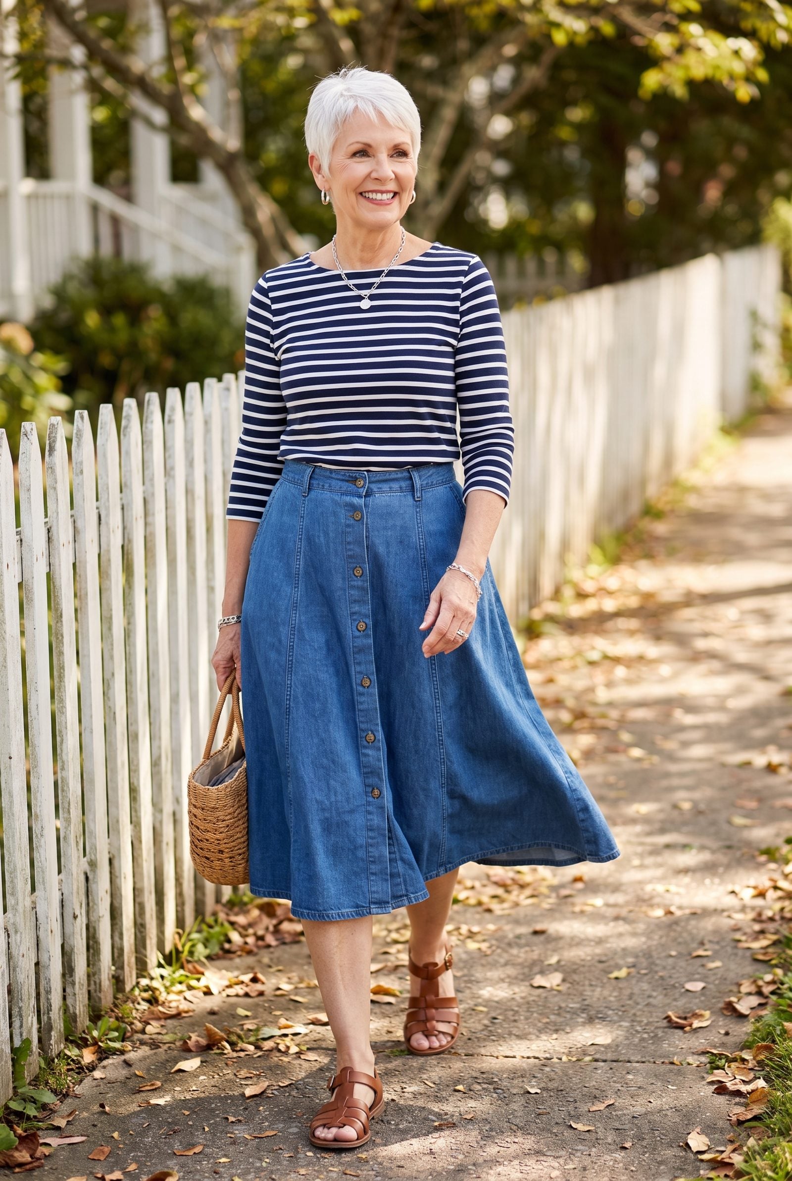 Fisherman Sandals Under a Button-Front Denim Midi Skirt and a Breton Striped Tee