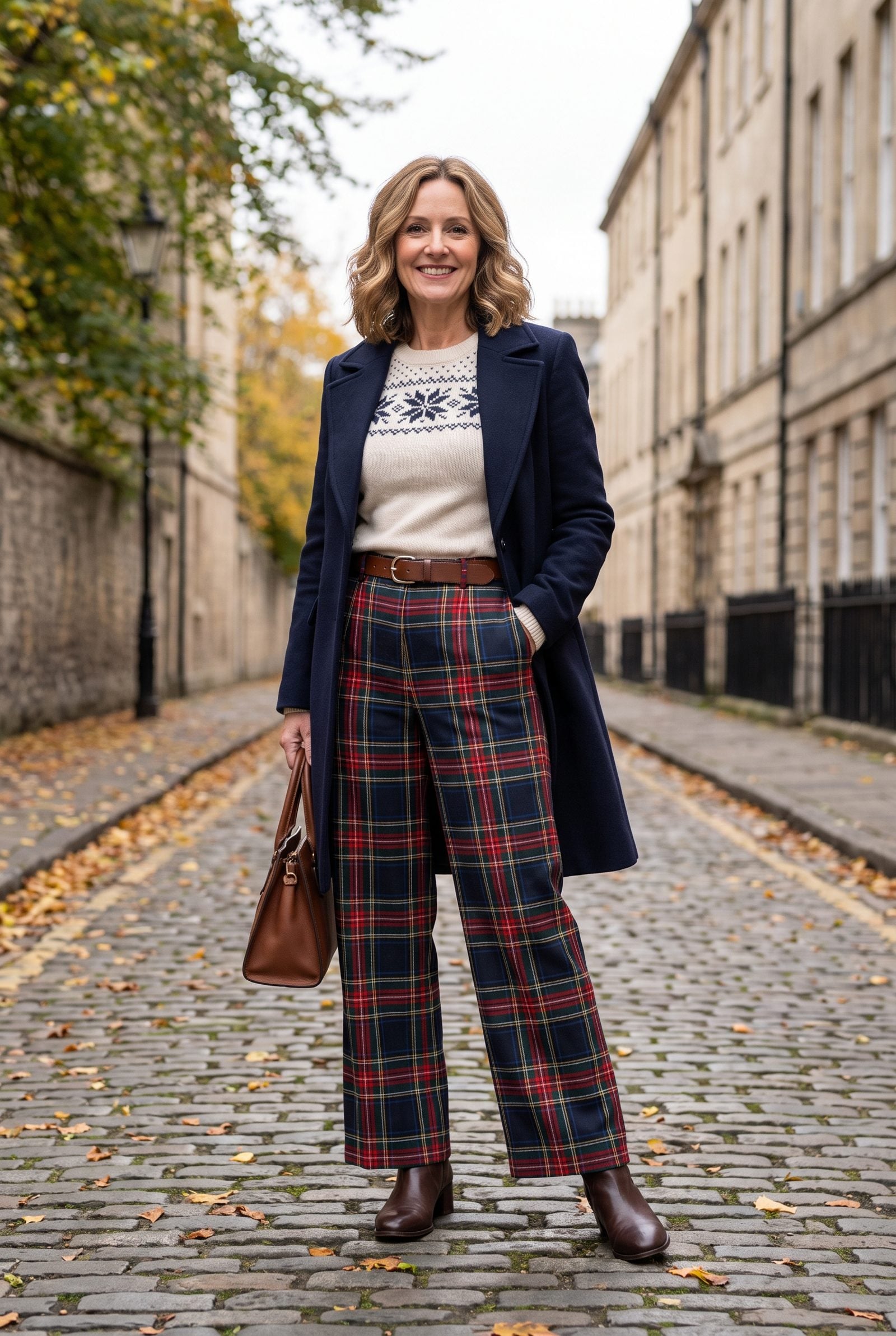 Fitted Snowflake Sweater With High-Waisted Tartan Trousers