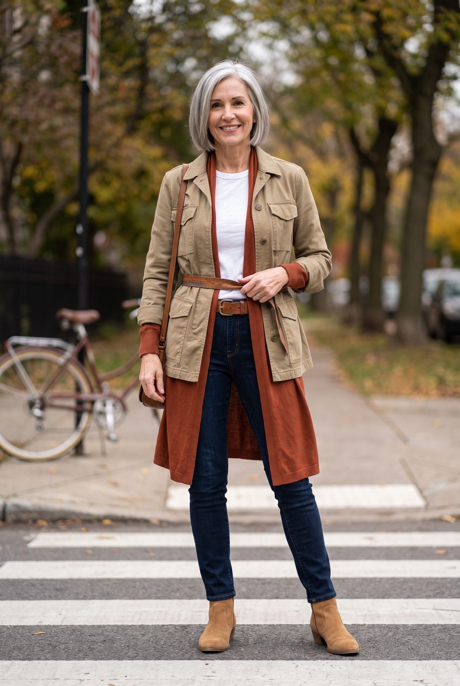 Fitted Tee + Open Cardigan + Belted Utility Jacket