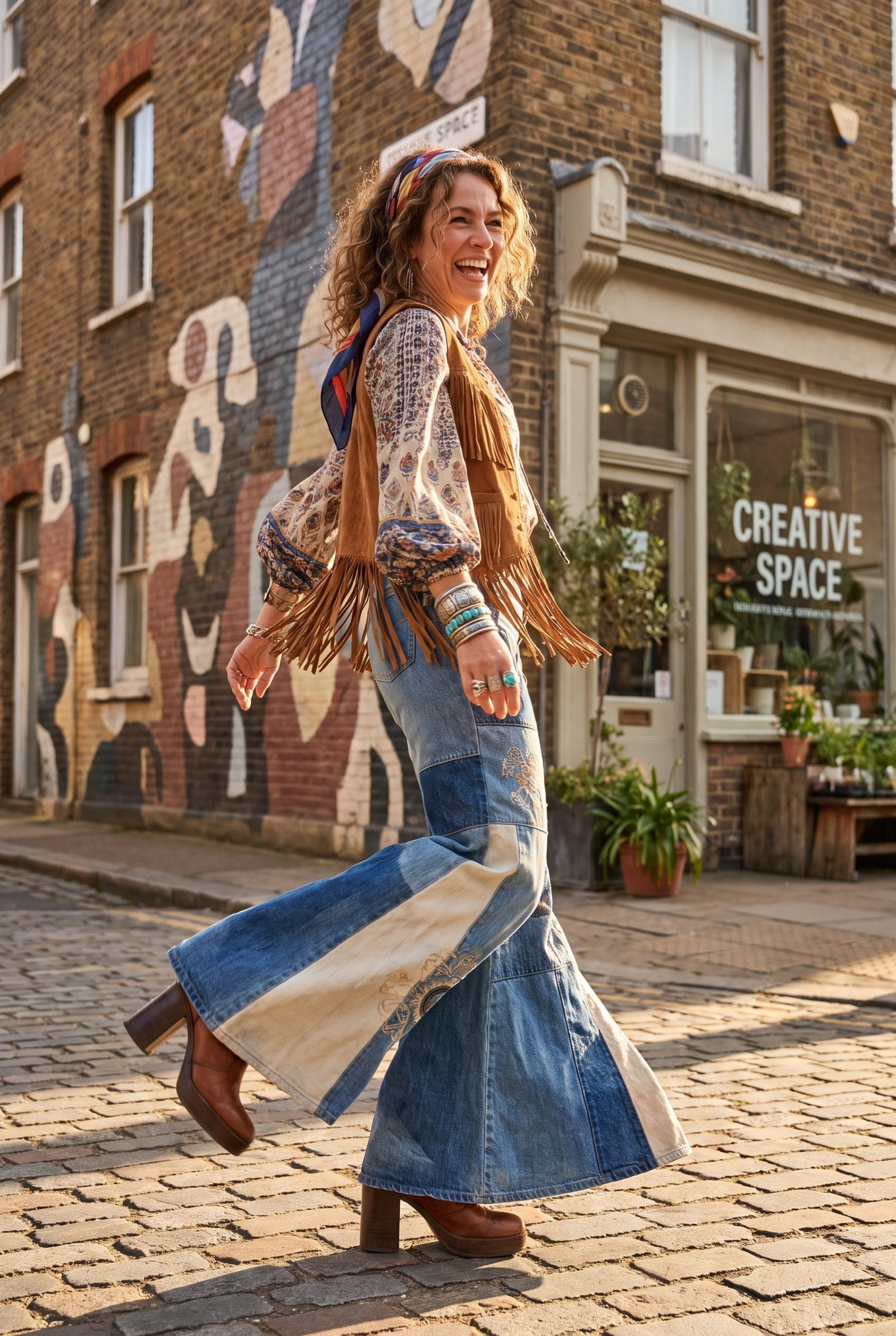 Woman on a tree-lined street wearing high-rise dark denim flares that widen below the knee.