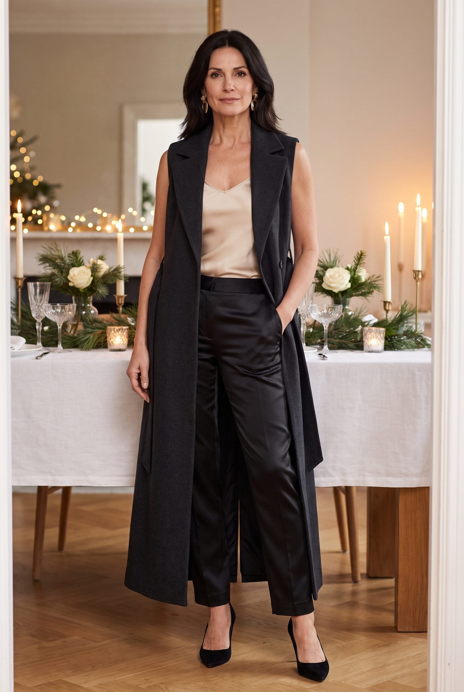 Floor-Length Tailored Vest Over Slim Evening Trousers