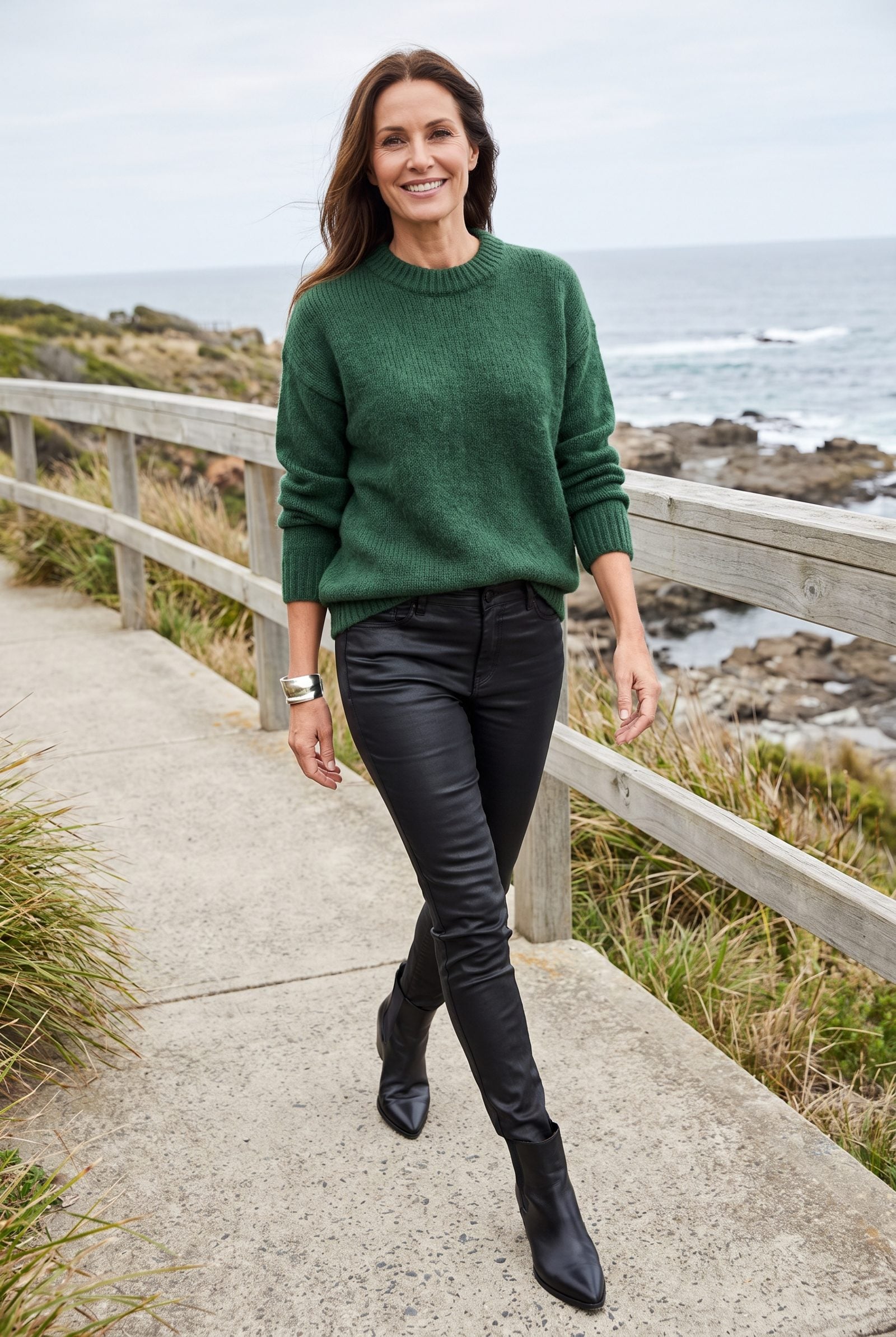 Forest-Green Crewneck + Black Coated Jeans
