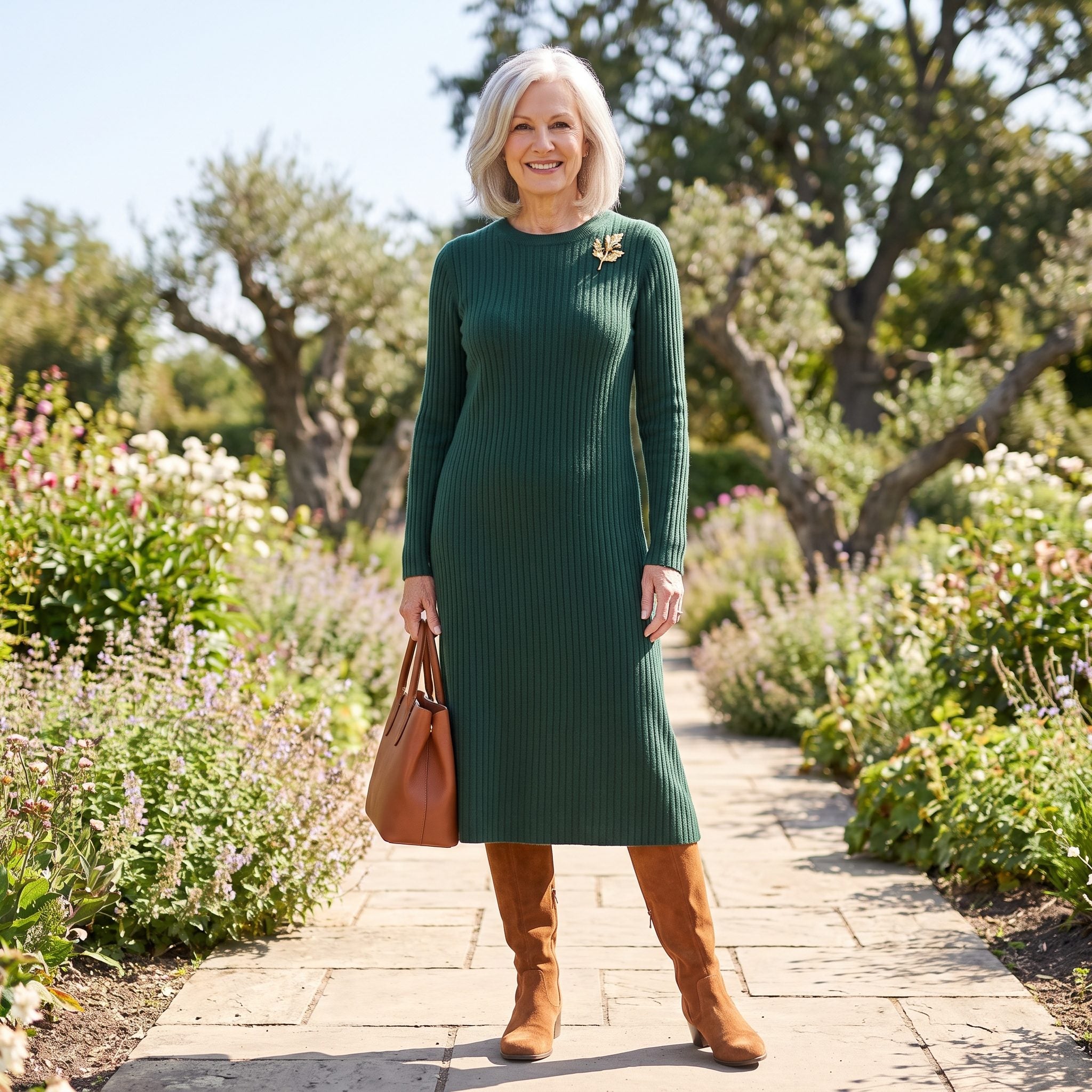 Forest-green cashmere sweater dress with cognac suede boots and handbag