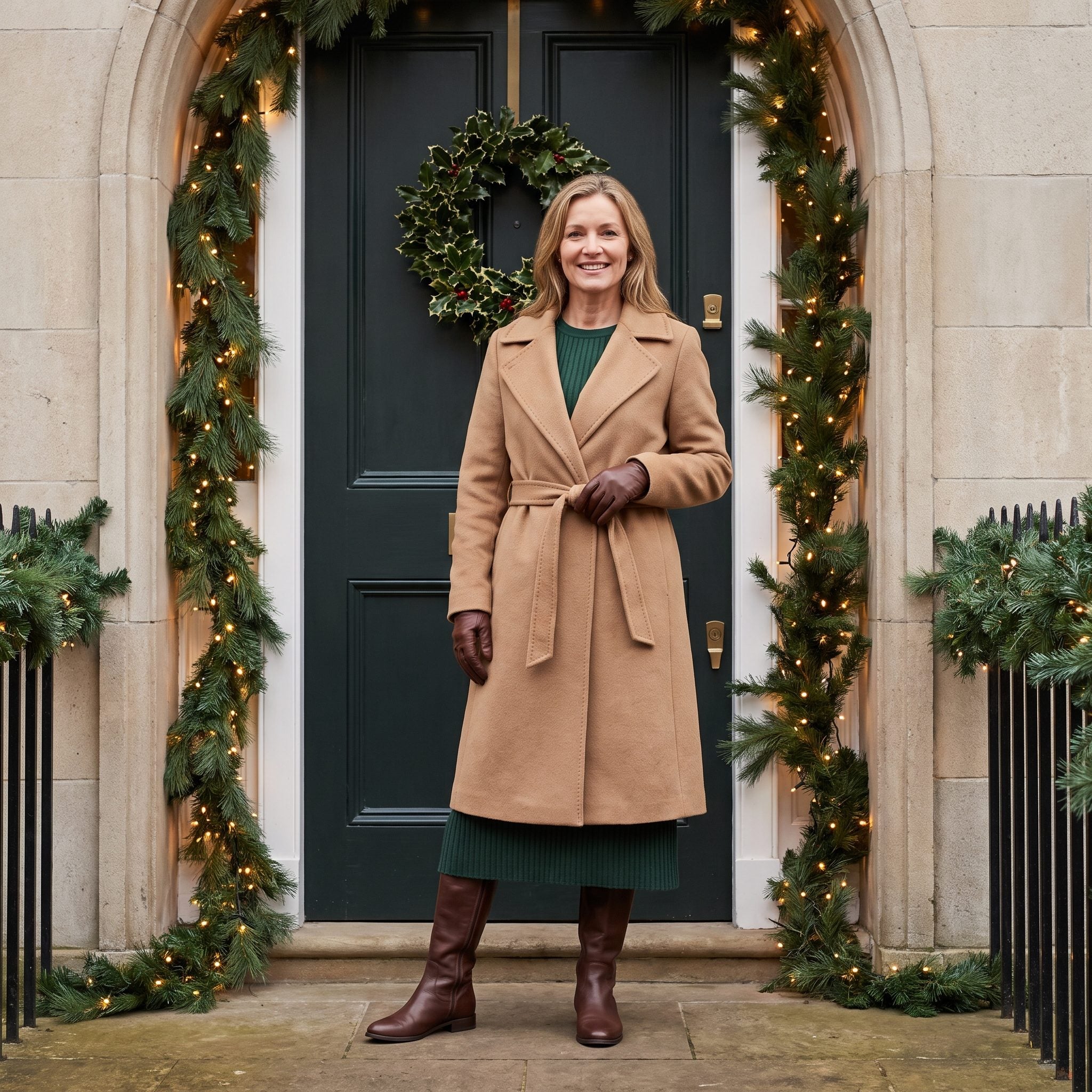 Forest-Green Knit Dress with Riding Boots