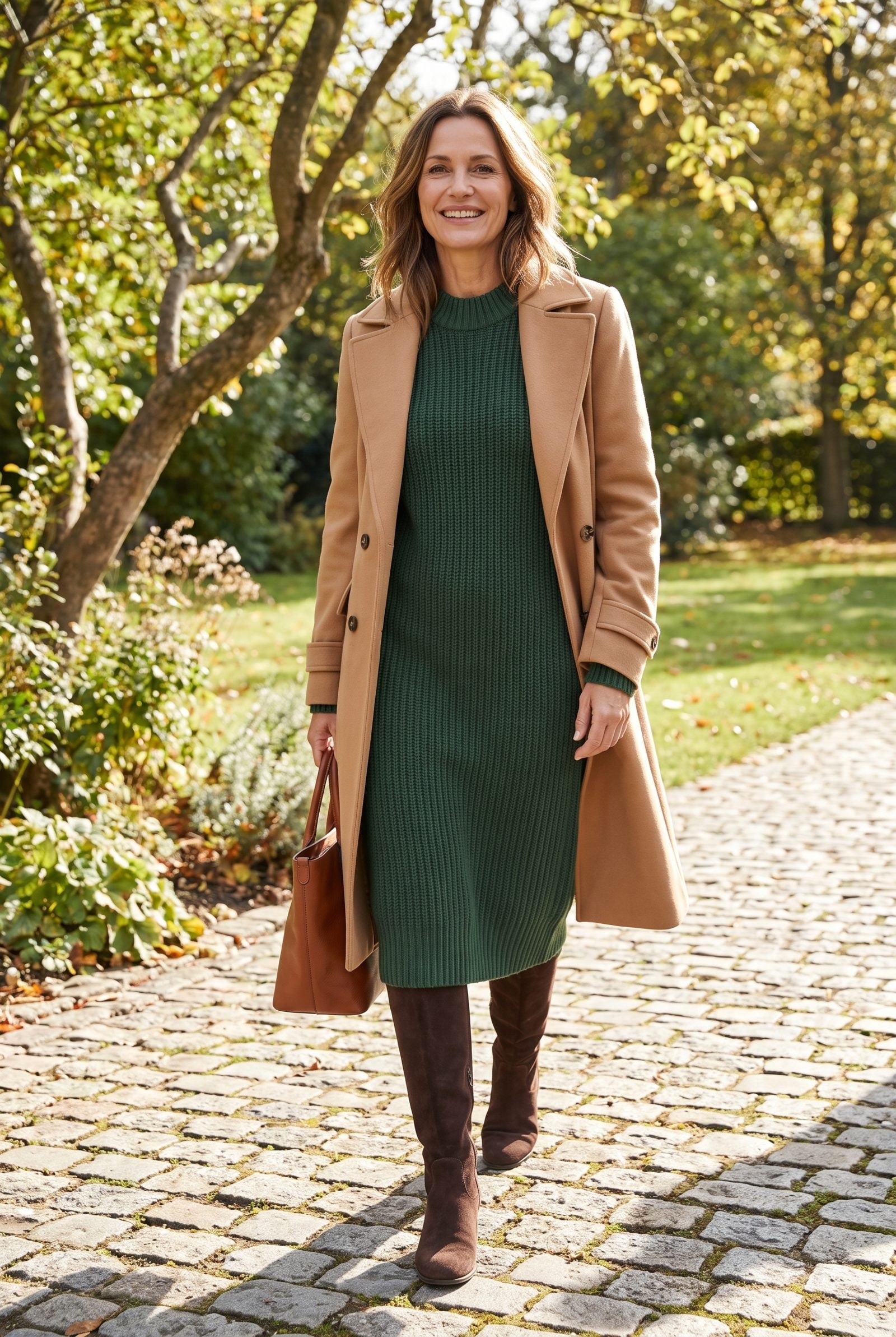 Forest-Green Knit Dress With Tall Suede Boots