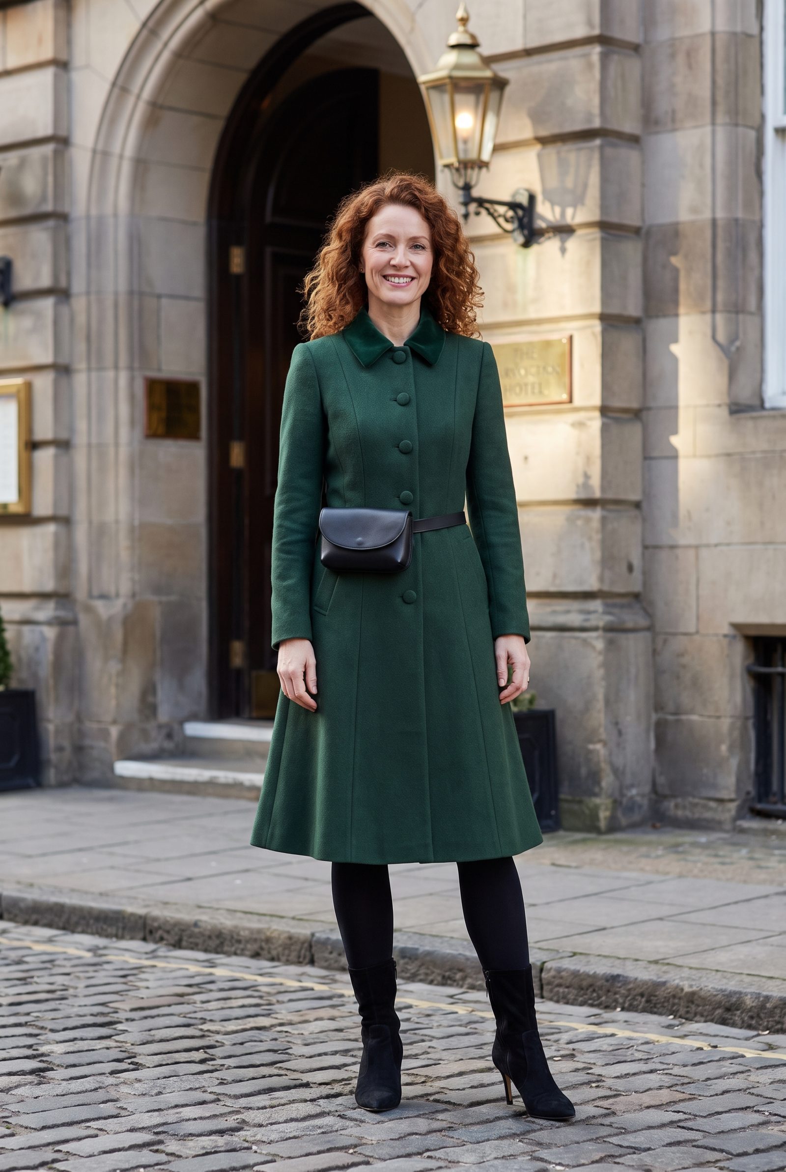 Forest-Green Princess Coat + Black Pointed Boots