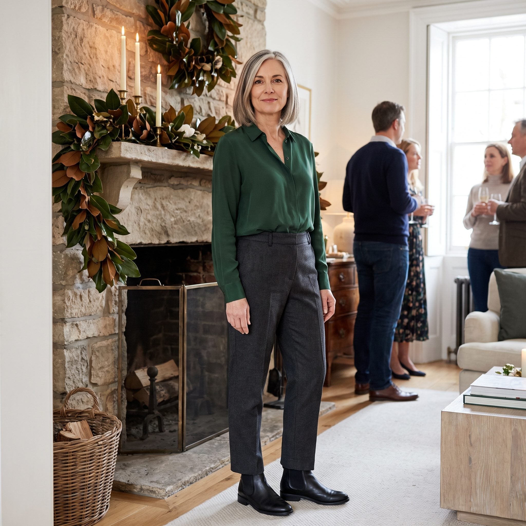 Forest-green silk blouse with charcoal cigarette trousers and Chelsea boots